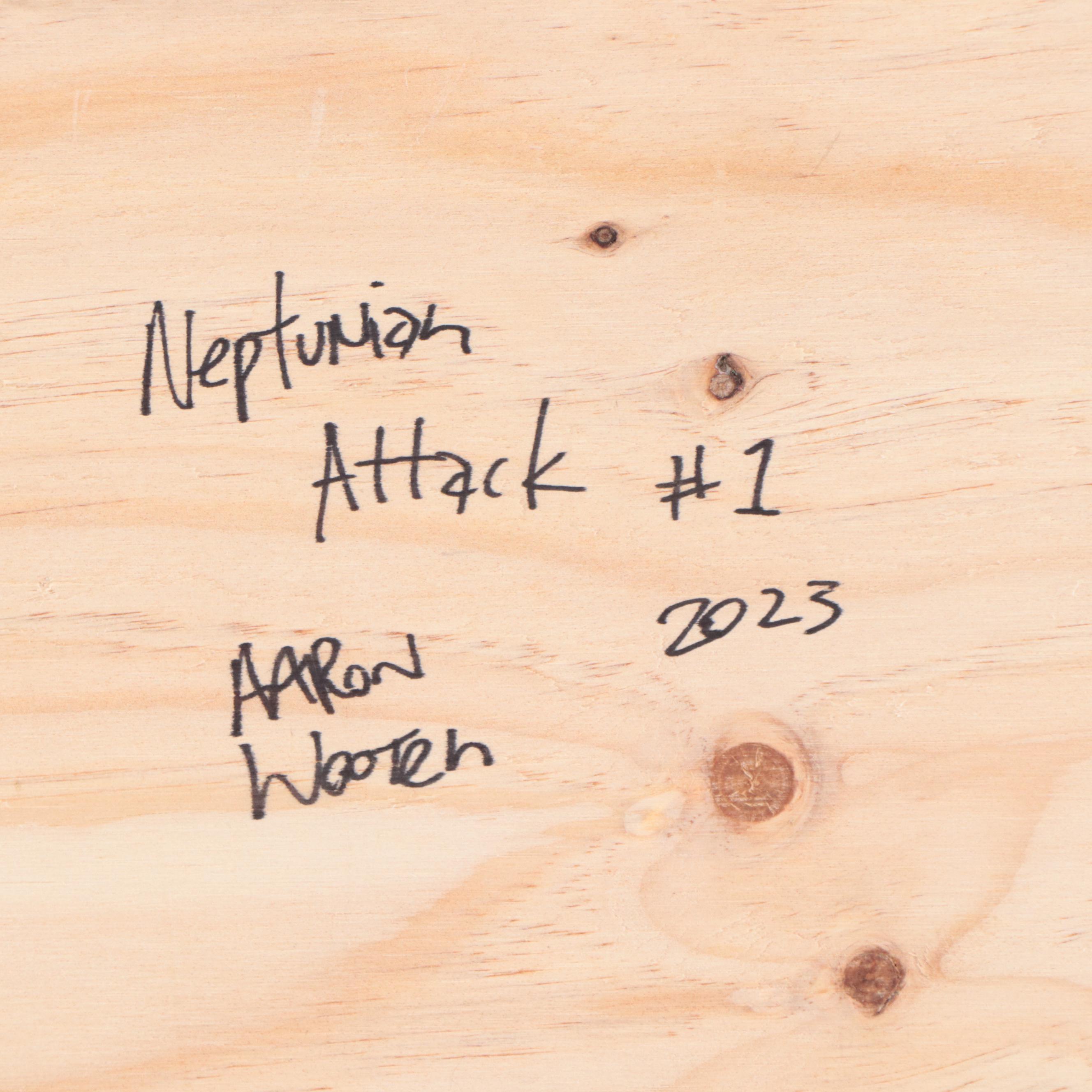 Aaron Wooten Acrylic and Ink Painting of Cityscape "Neptunian Attack #1," 2023