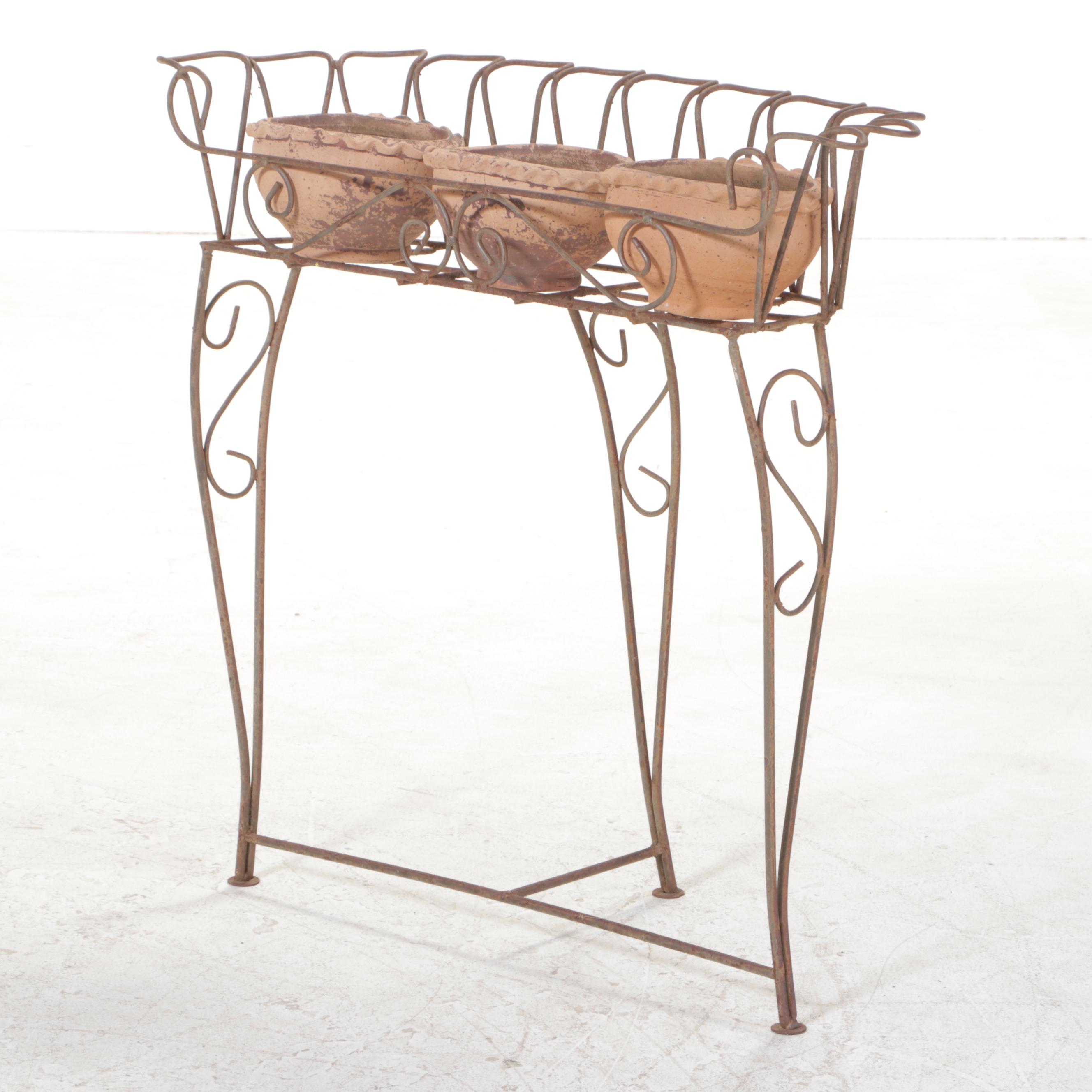 Wirework Plant Stand Plus Three Earthenware Planters