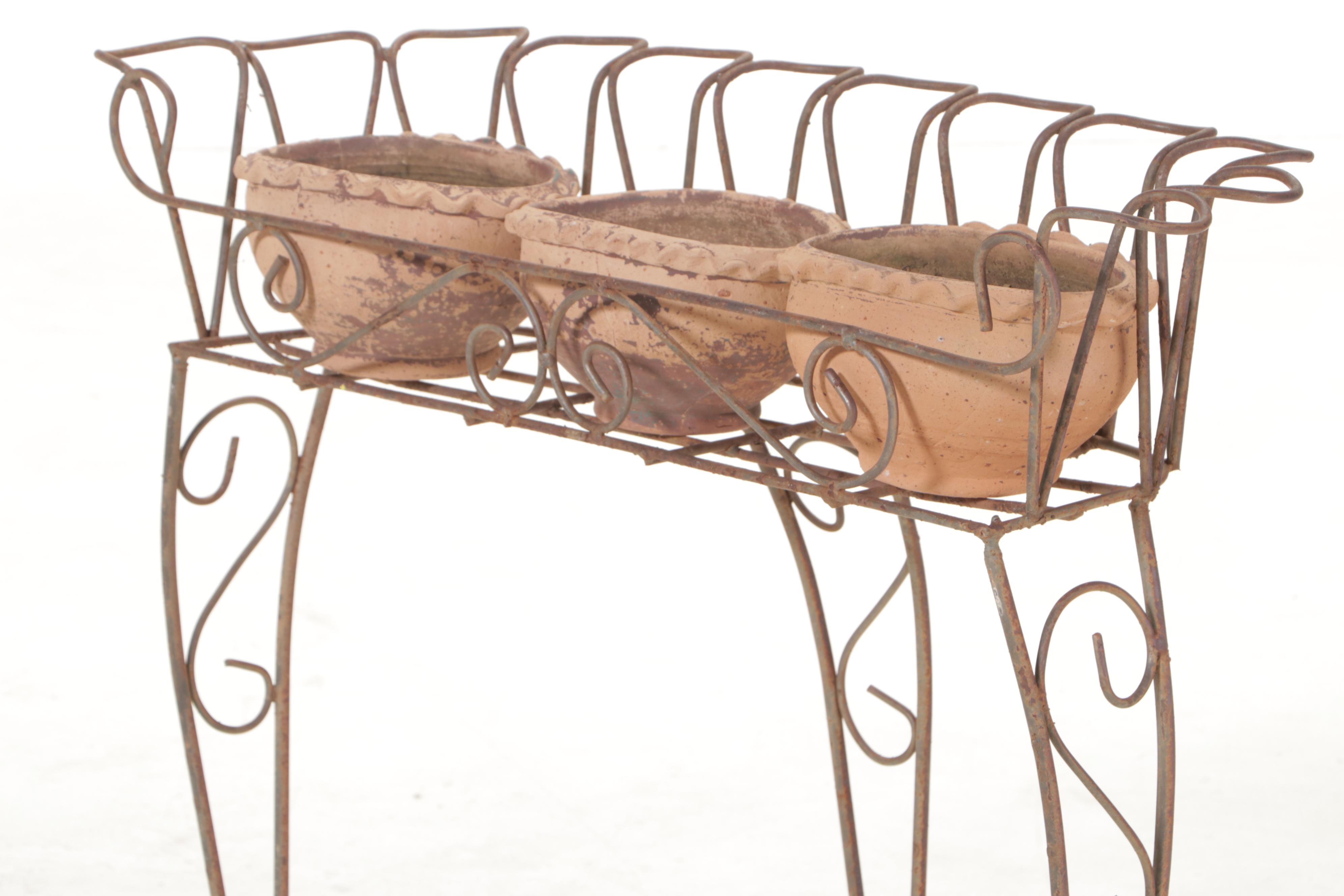 Wirework Plant Stand Plus Three Earthenware Planters
