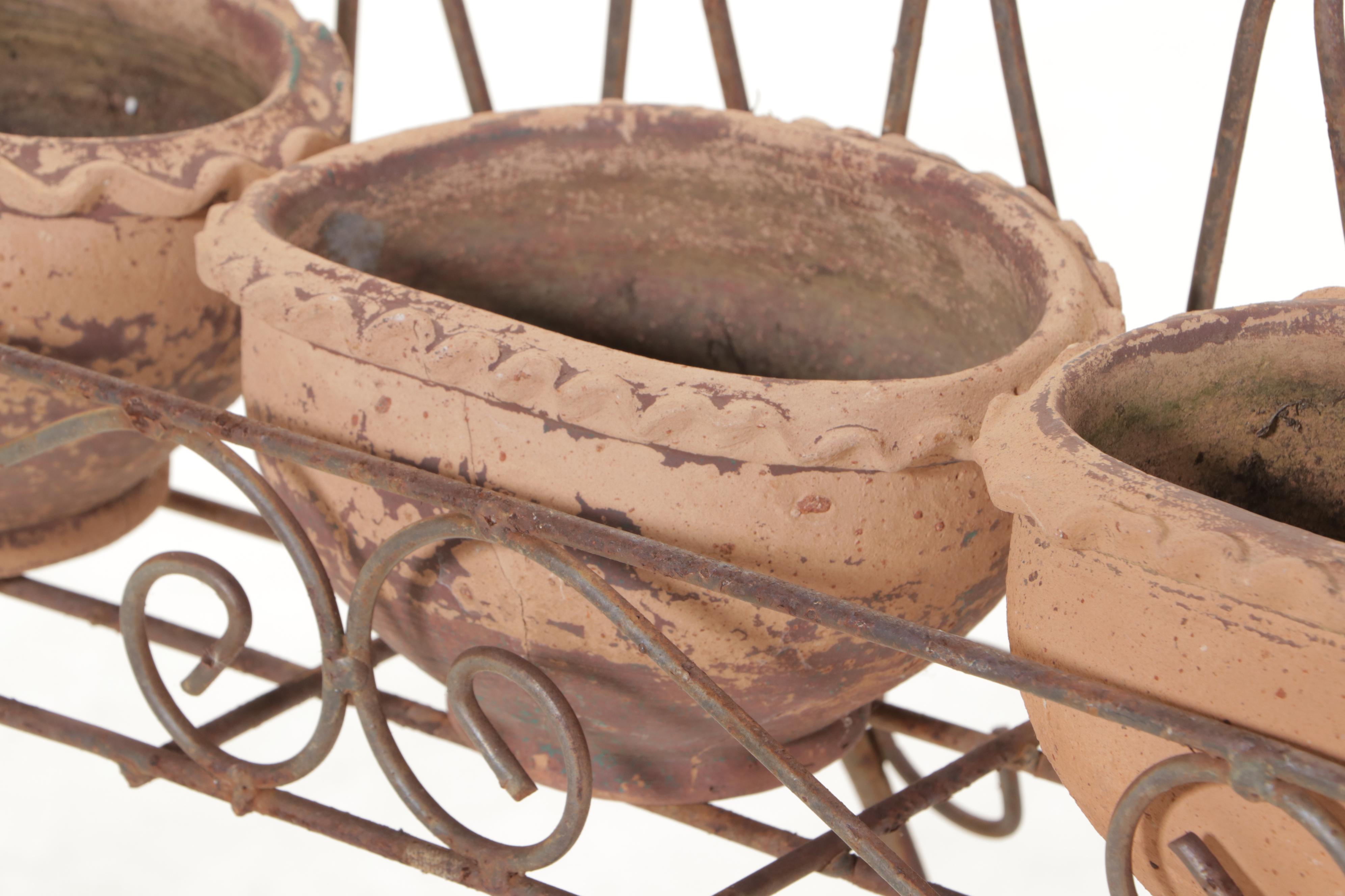 Wirework Plant Stand Plus Three Earthenware Planters