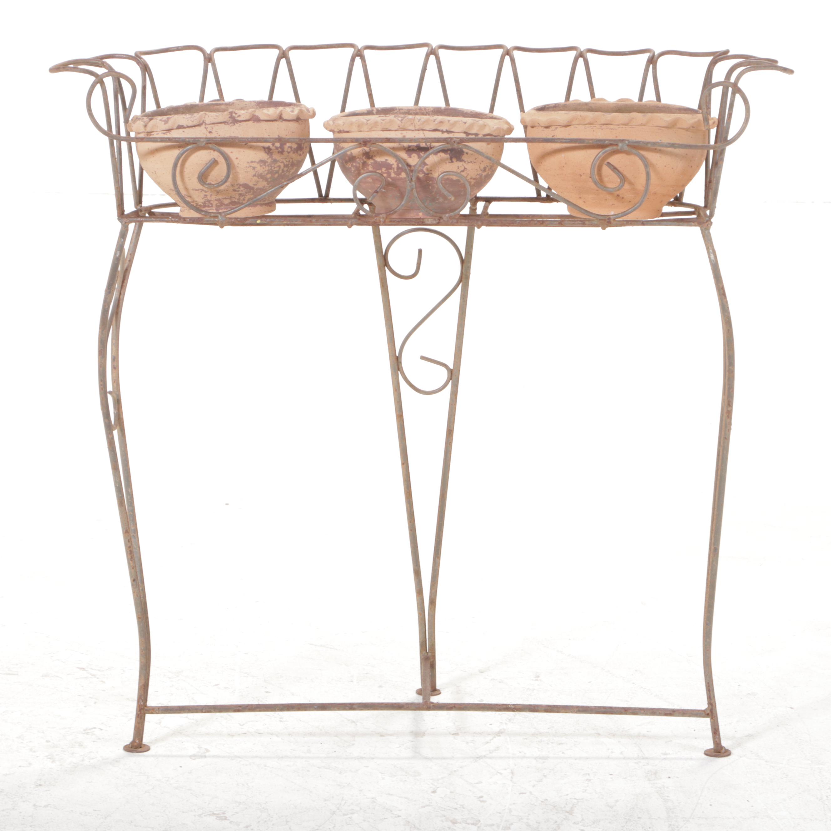 Wirework Plant Stand Plus Three Earthenware Planters