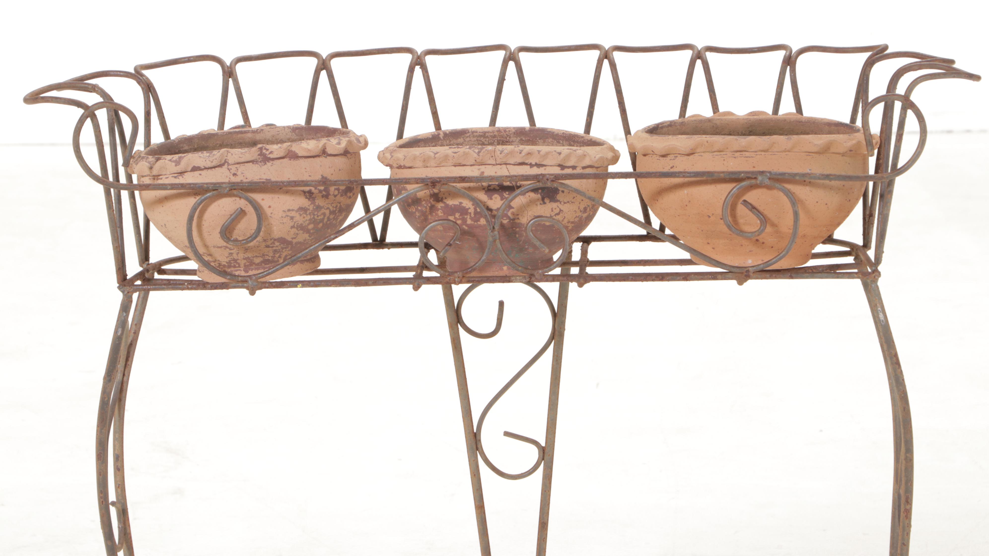 Wirework Plant Stand Plus Three Earthenware Planters