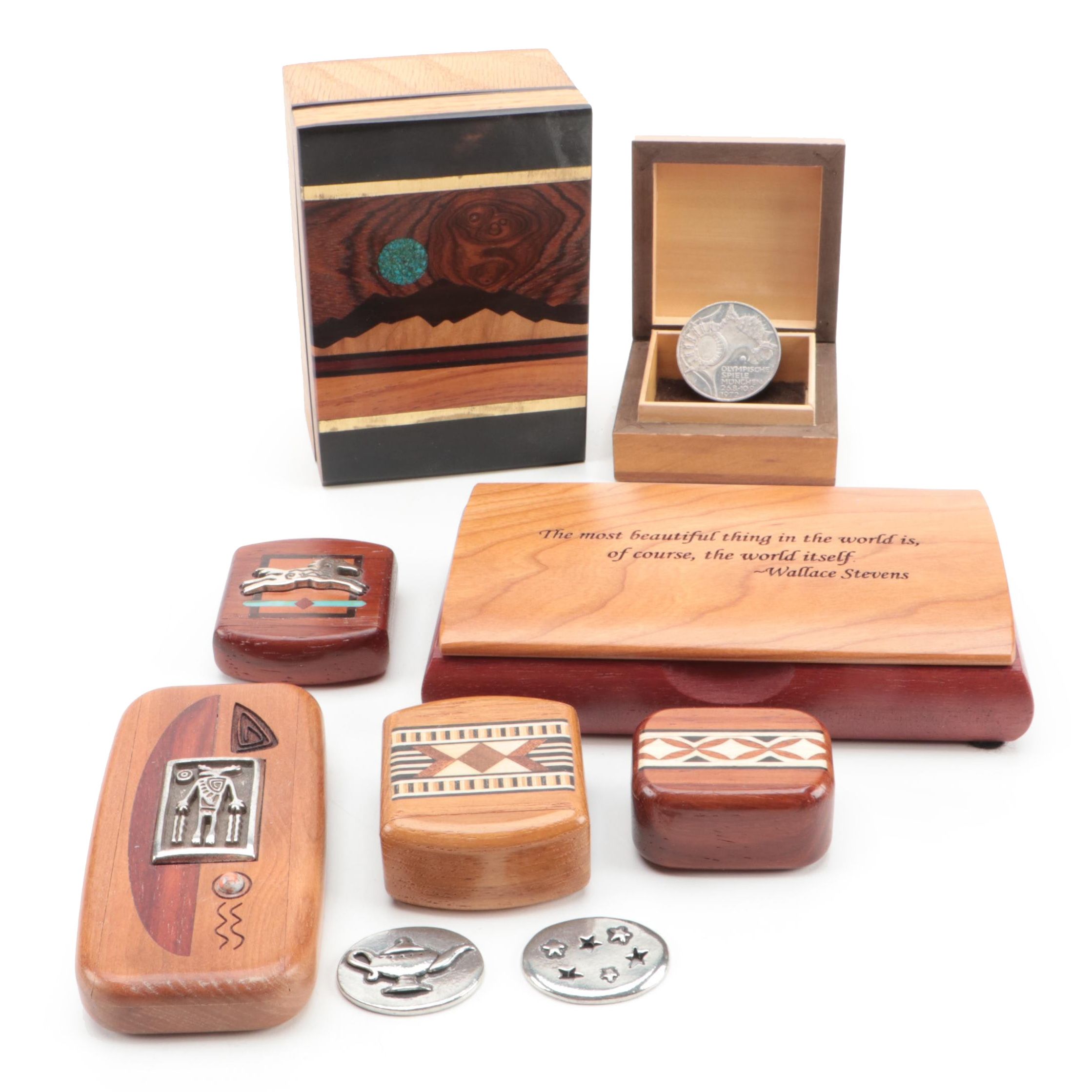 Handmade Southwestern Style Wooden Trinket Boxes, Tokens, German Olympic Coin
