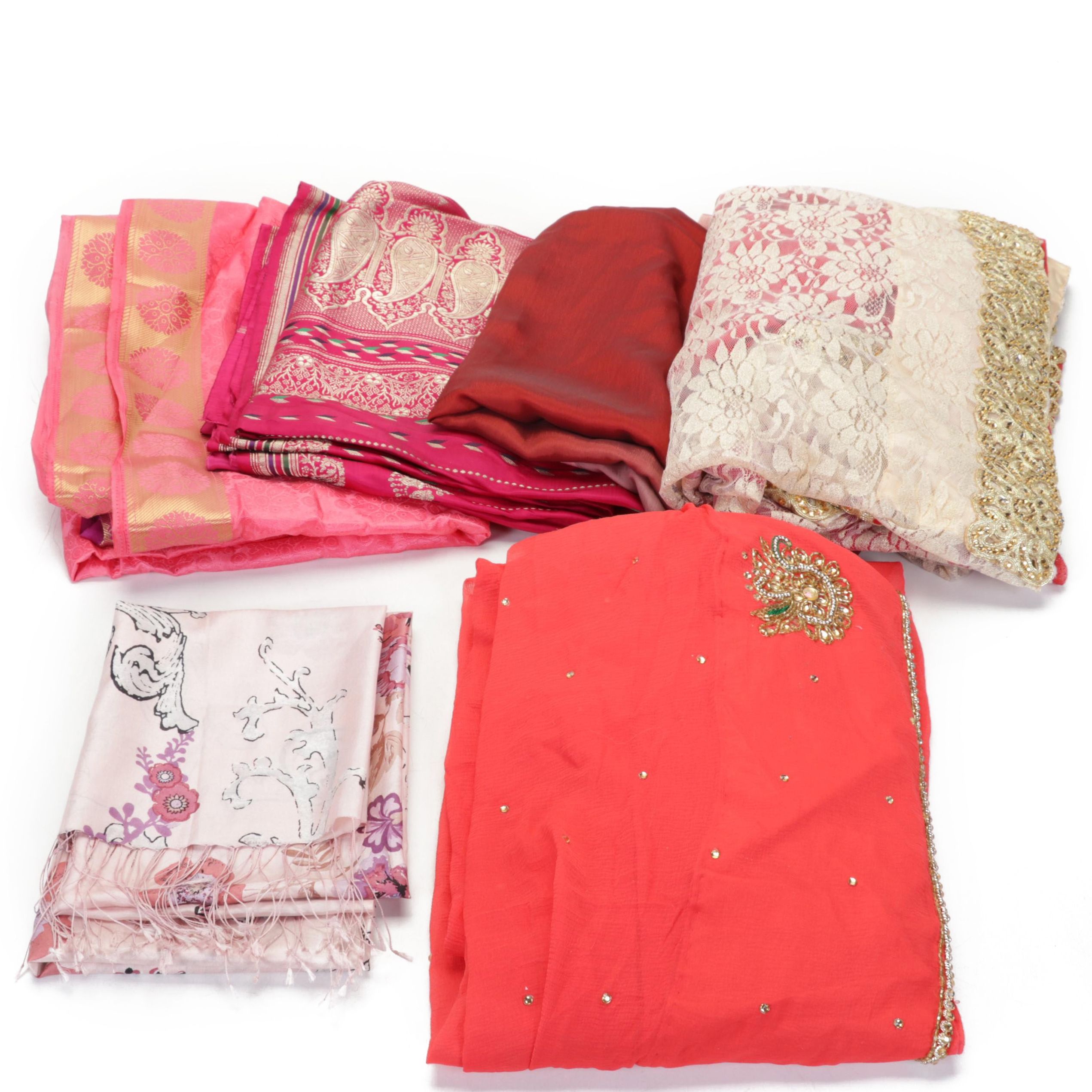 Beaded, Embroidered, and Metallic Threaded Silk and Lace Sarees and Scarves