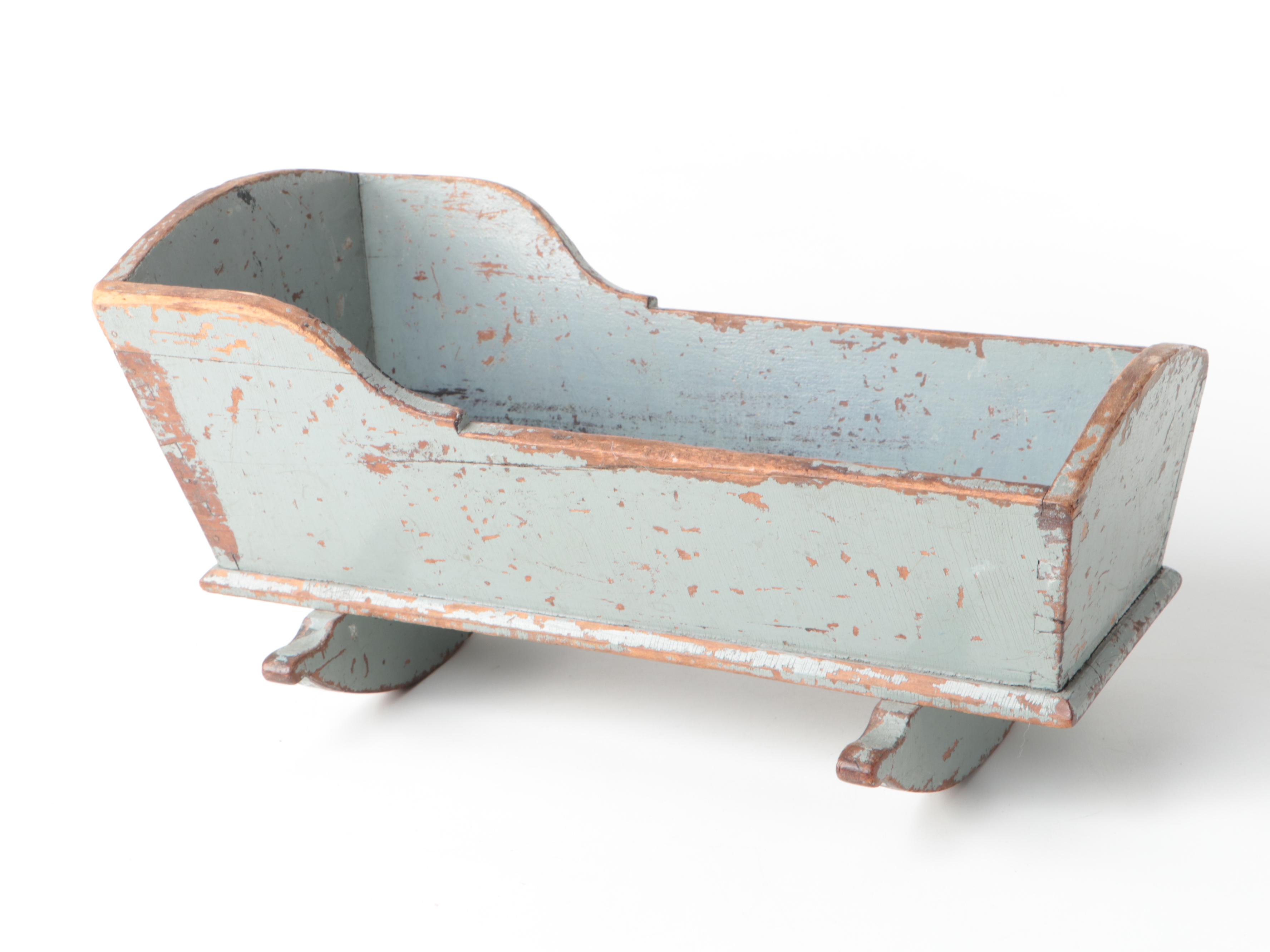 Primitive Milk Painted Doll Cradle and Other Furniture with Baby Clothes