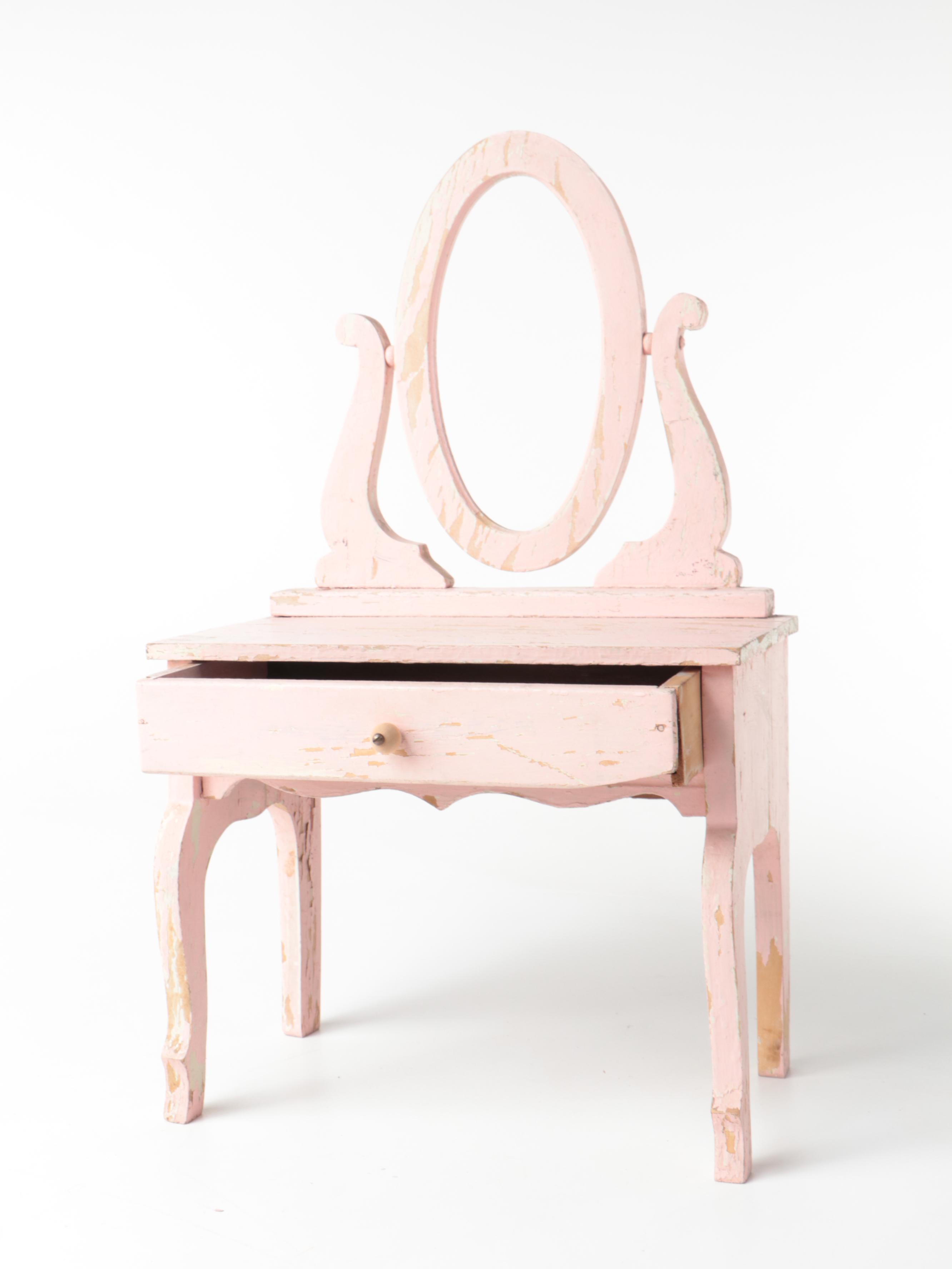 Primitive Milk Painted Doll Cradle and Other Furniture with Baby Clothes