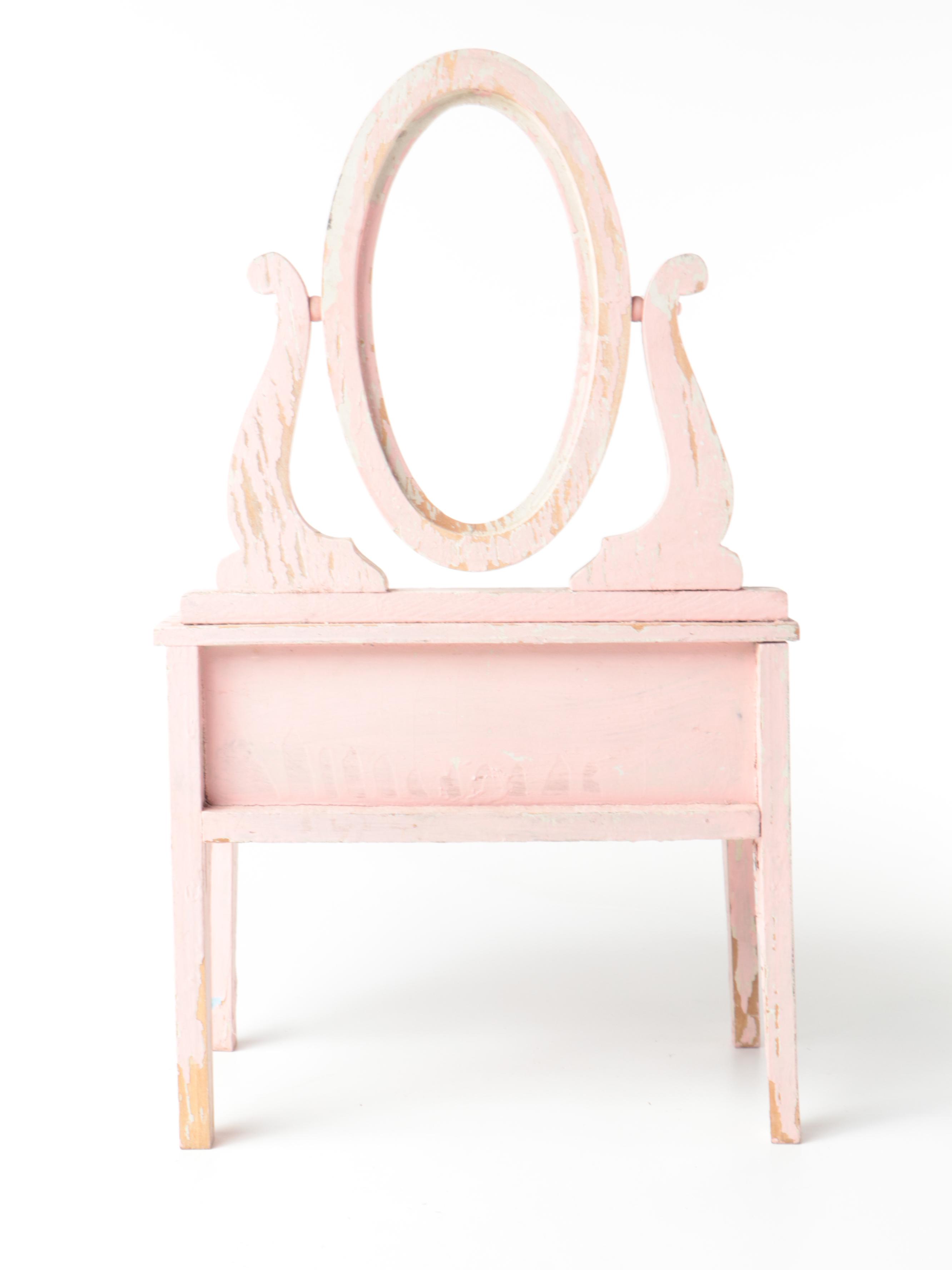 Primitive Milk Painted Doll Cradle and Other Furniture with Baby Clothes