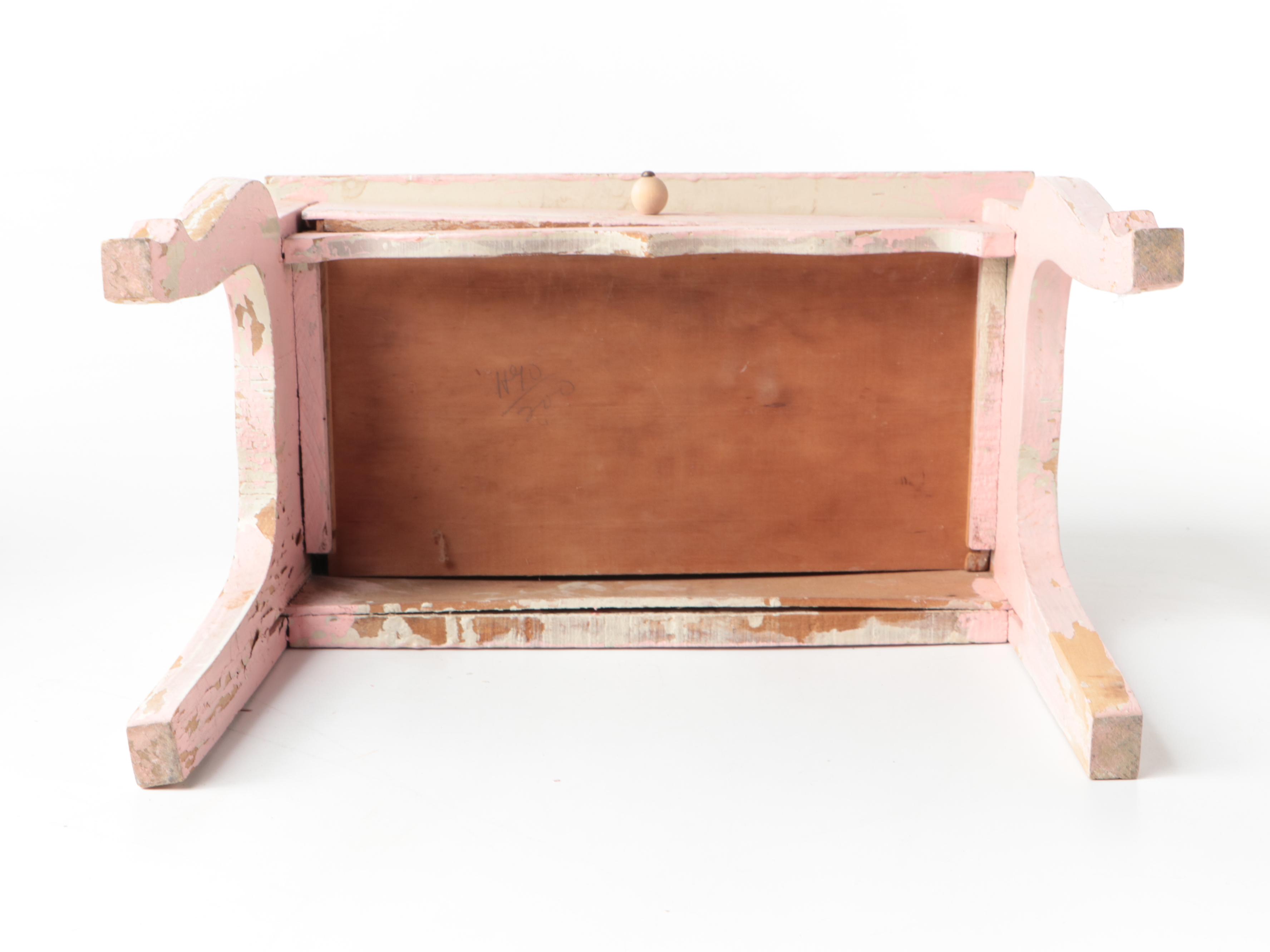 Primitive Milk Painted Doll Cradle and Other Furniture with Baby Clothes