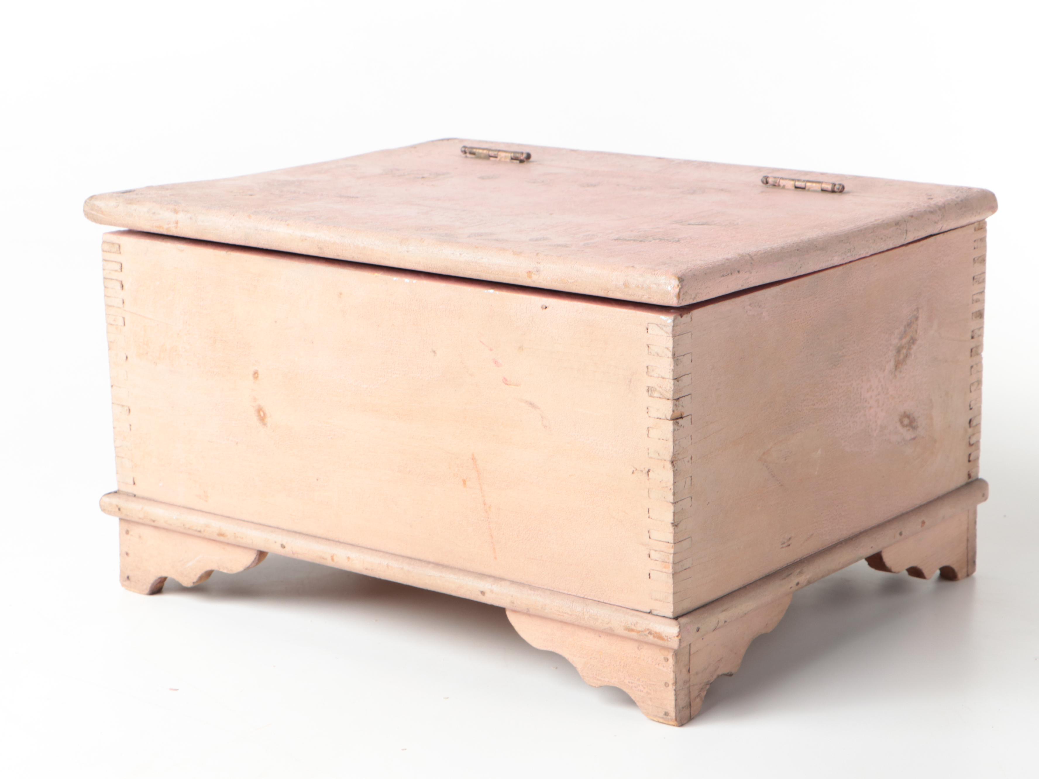 Primitive Milk Painted Doll Cradle and Other Furniture with Baby Clothes