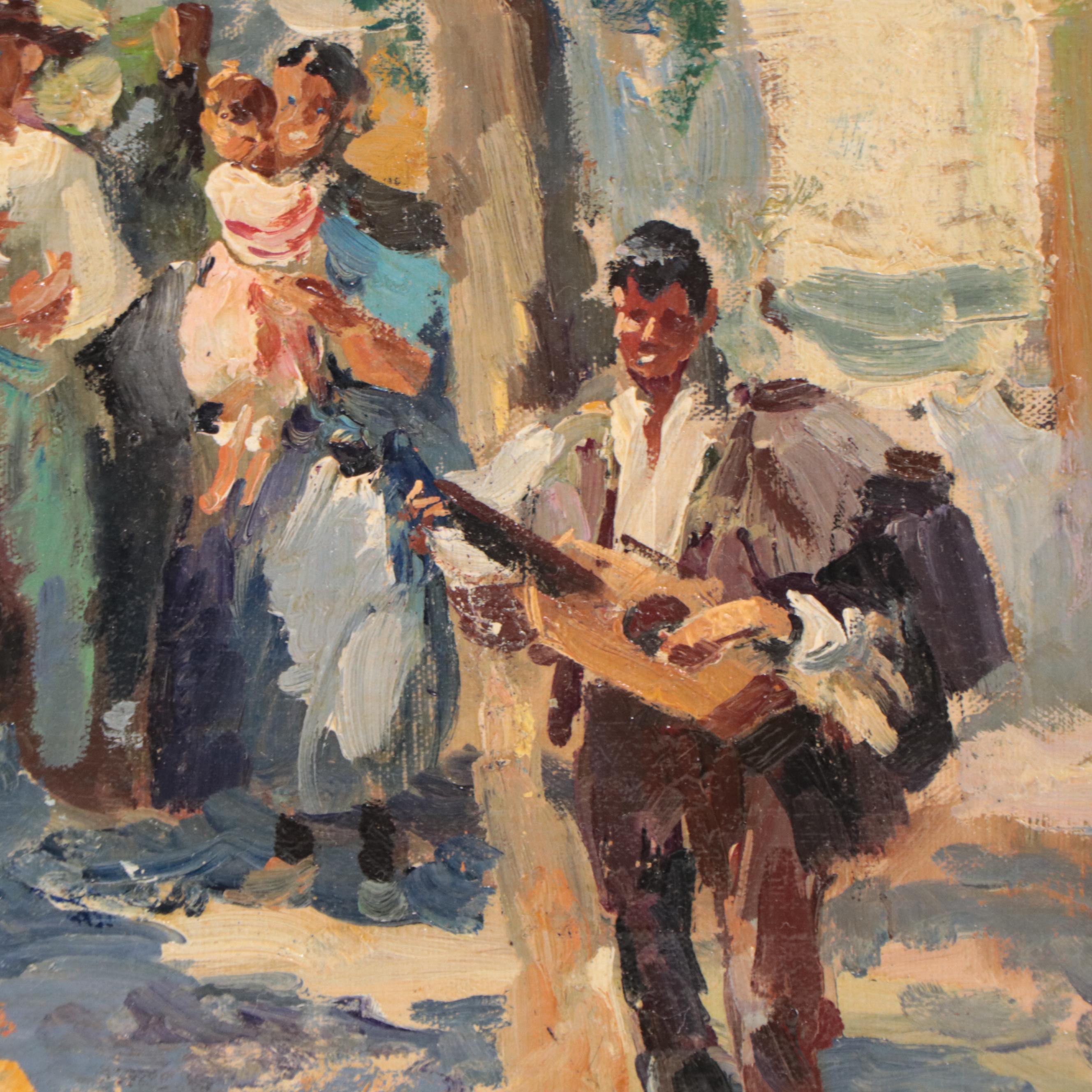 Roberta Gonzáles Oil Painting of Village Scene With Dancers