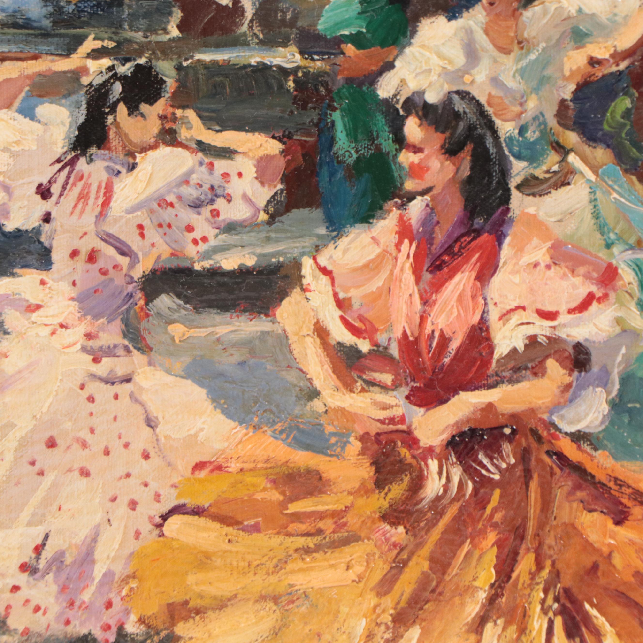 Roberta Gonzáles Oil Painting of Village Scene With Dancers