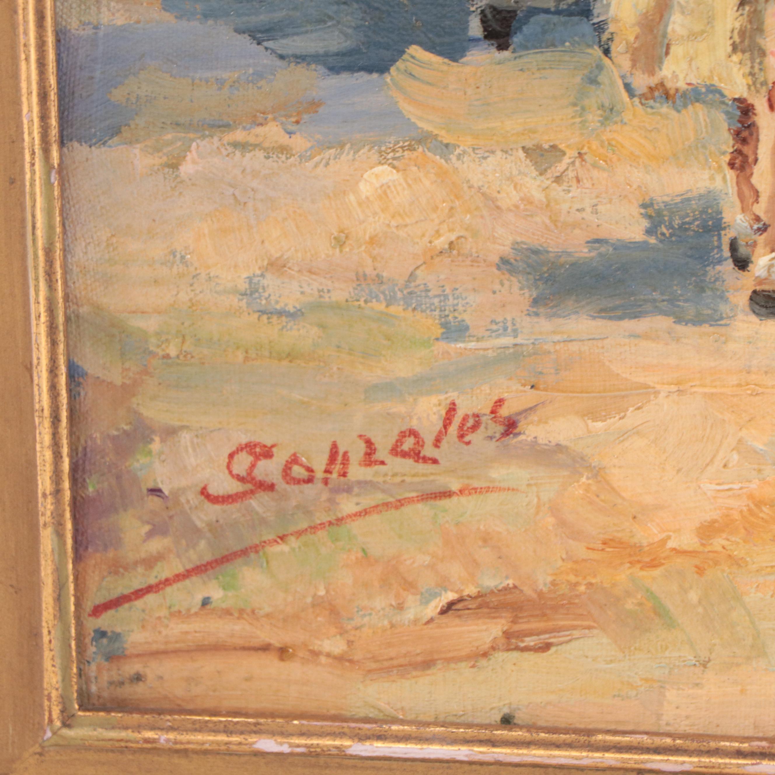 Roberta Gonzáles Oil Painting of Village Scene With Dancers