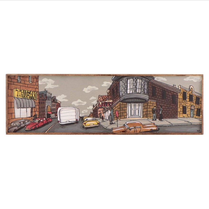 Aaron Wooten Acrylic and Ink Painting of Cityscape "Racine and Milwaukee," 2023