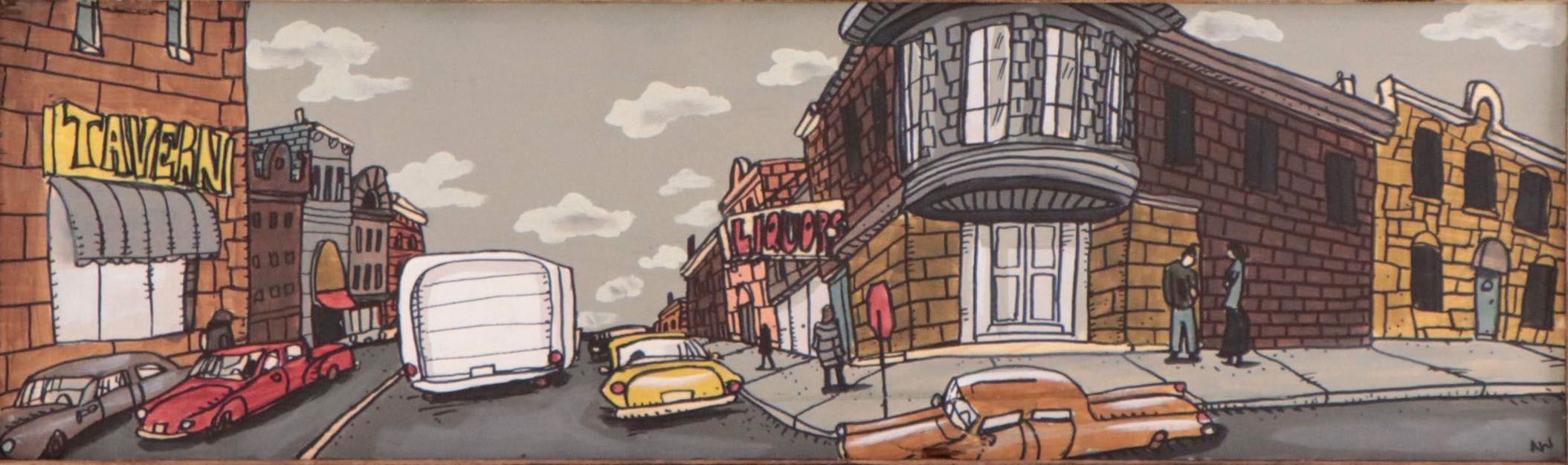 Aaron Wooten Acrylic and Ink Painting of Cityscape "Racine and Milwaukee," 2023