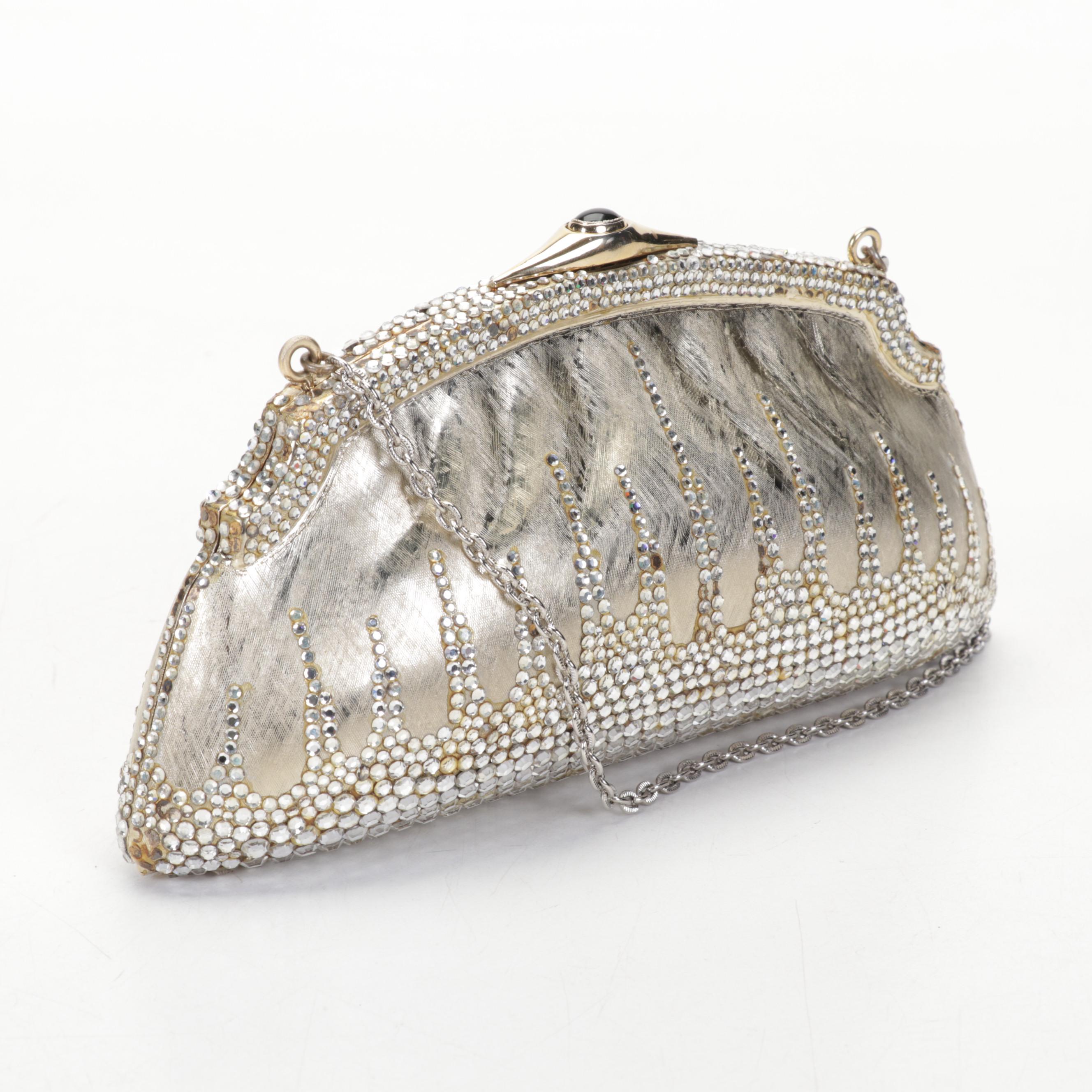 Judith Leiber Swarovski Crystal Minaudière Purse in Florentine Finish with Chain