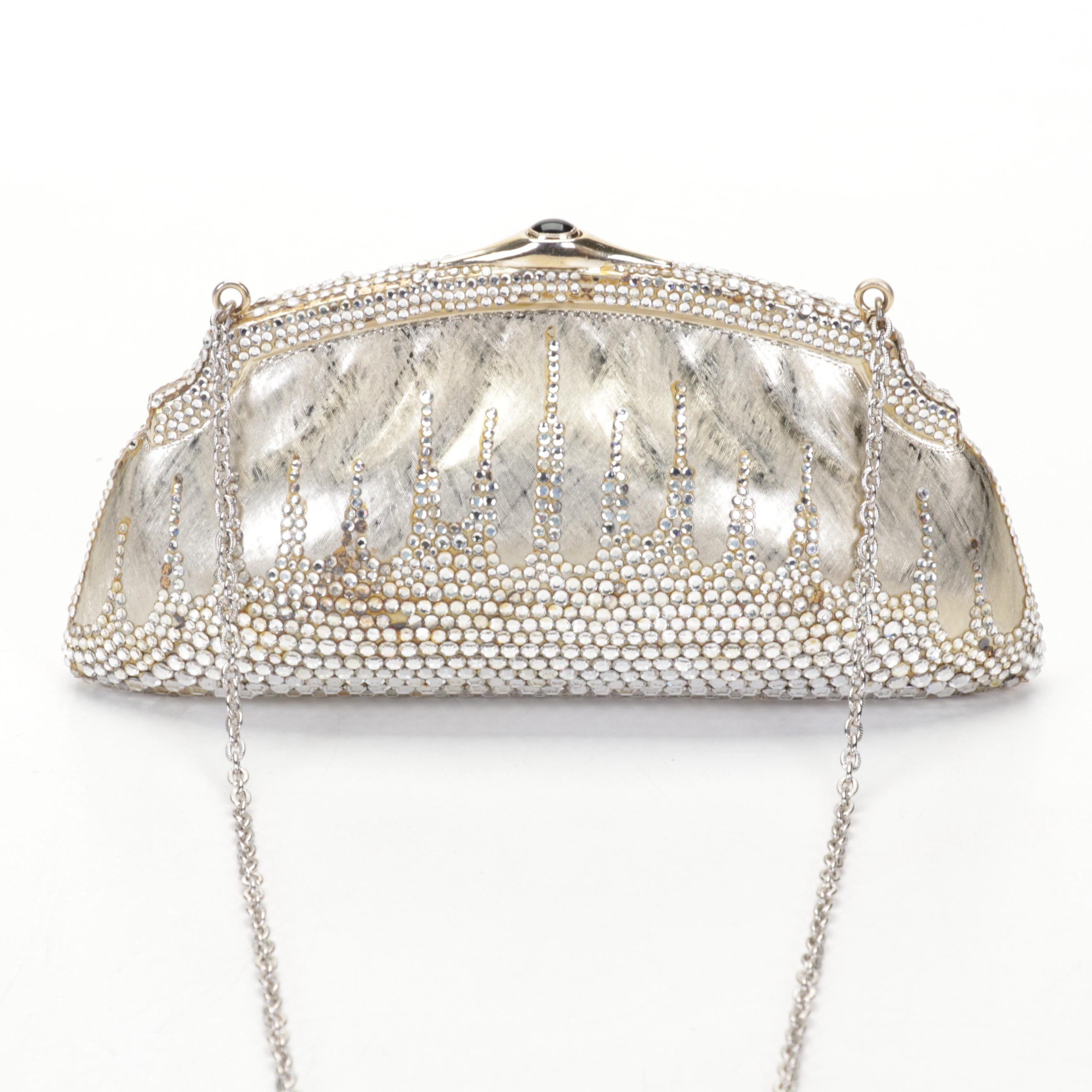 Judith Leiber Swarovski Crystal Minaudière Purse in Florentine Finish with Chain