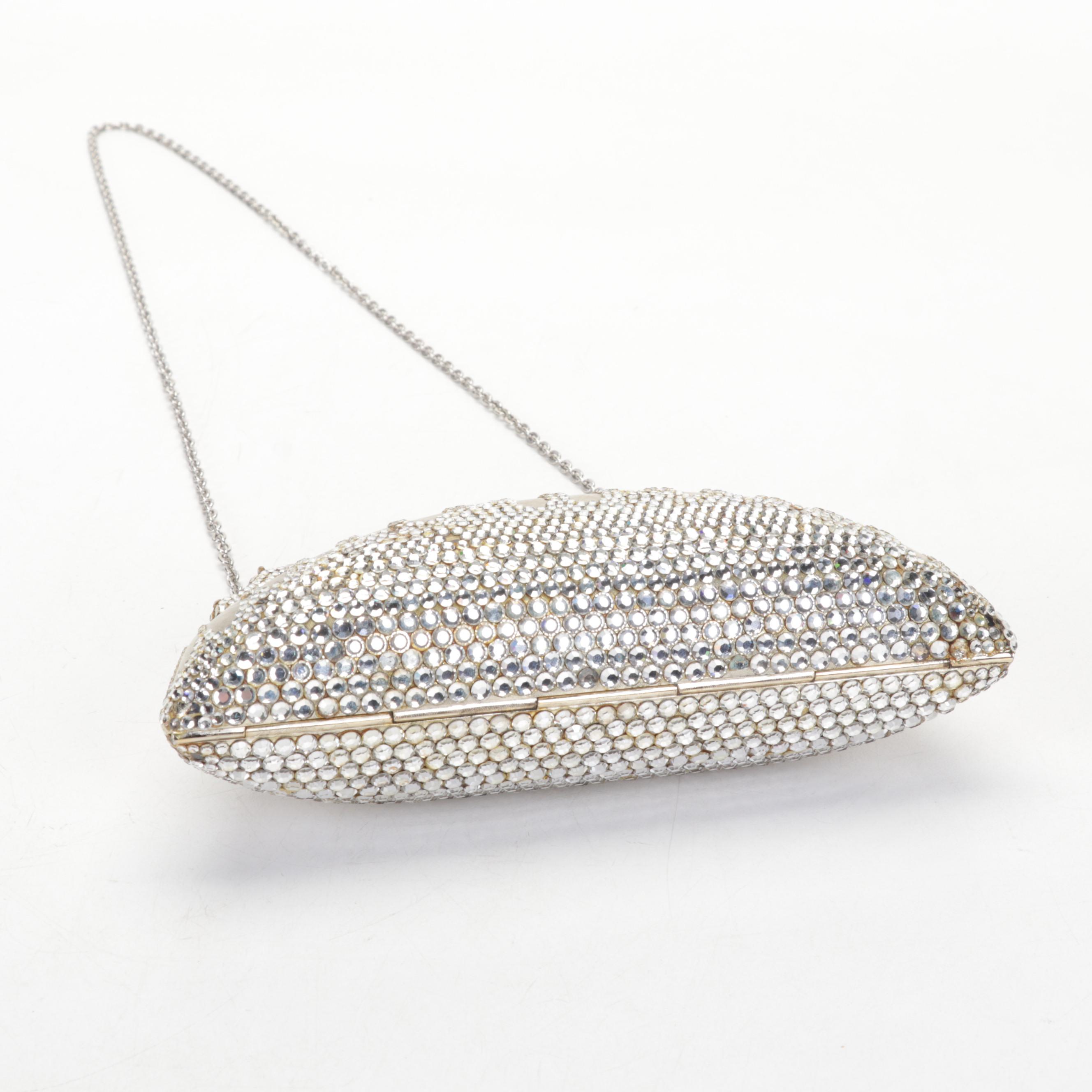 Judith Leiber Swarovski Crystal Minaudière Purse in Florentine Finish with Chain