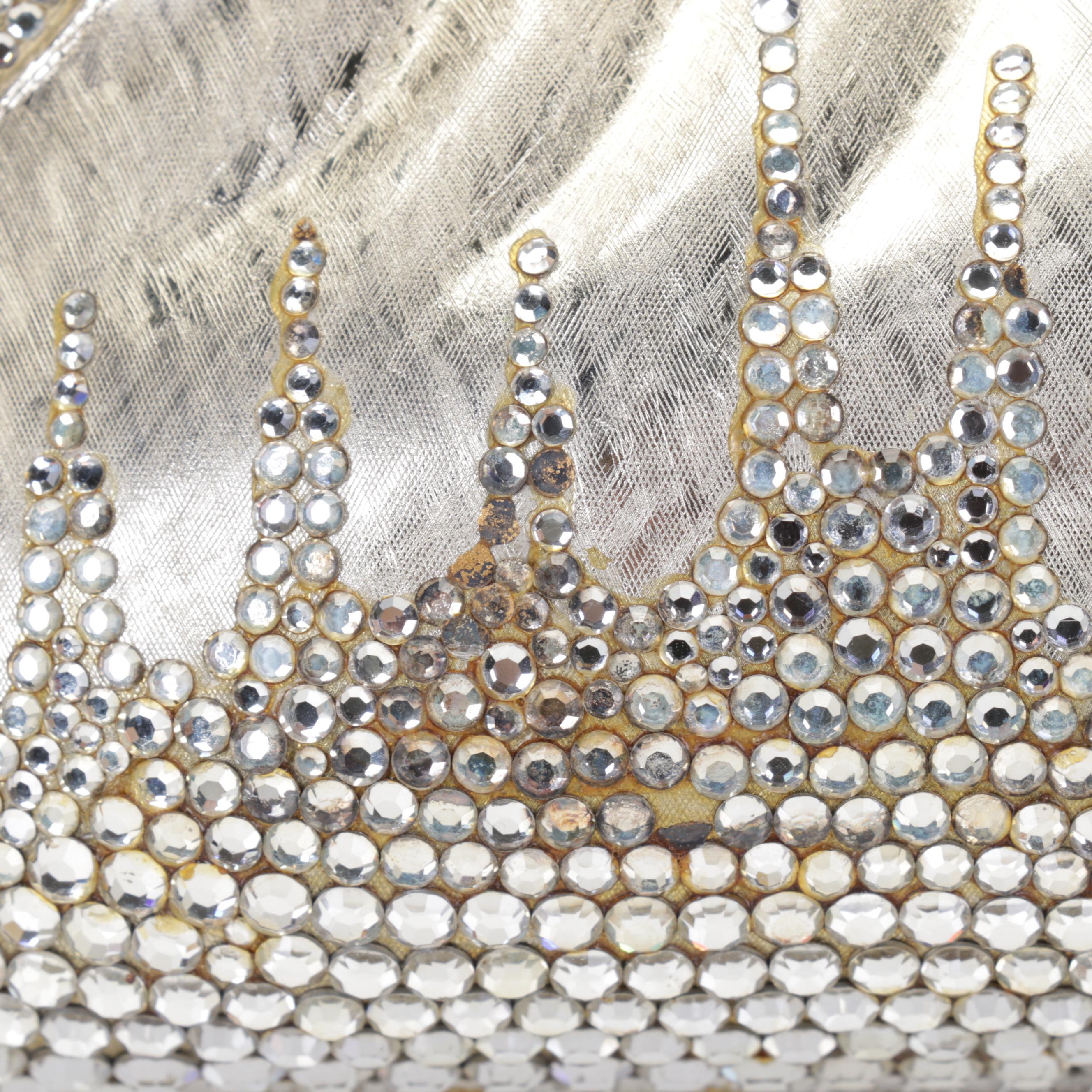 Judith Leiber Swarovski Crystal Minaudière Purse in Florentine Finish with Chain