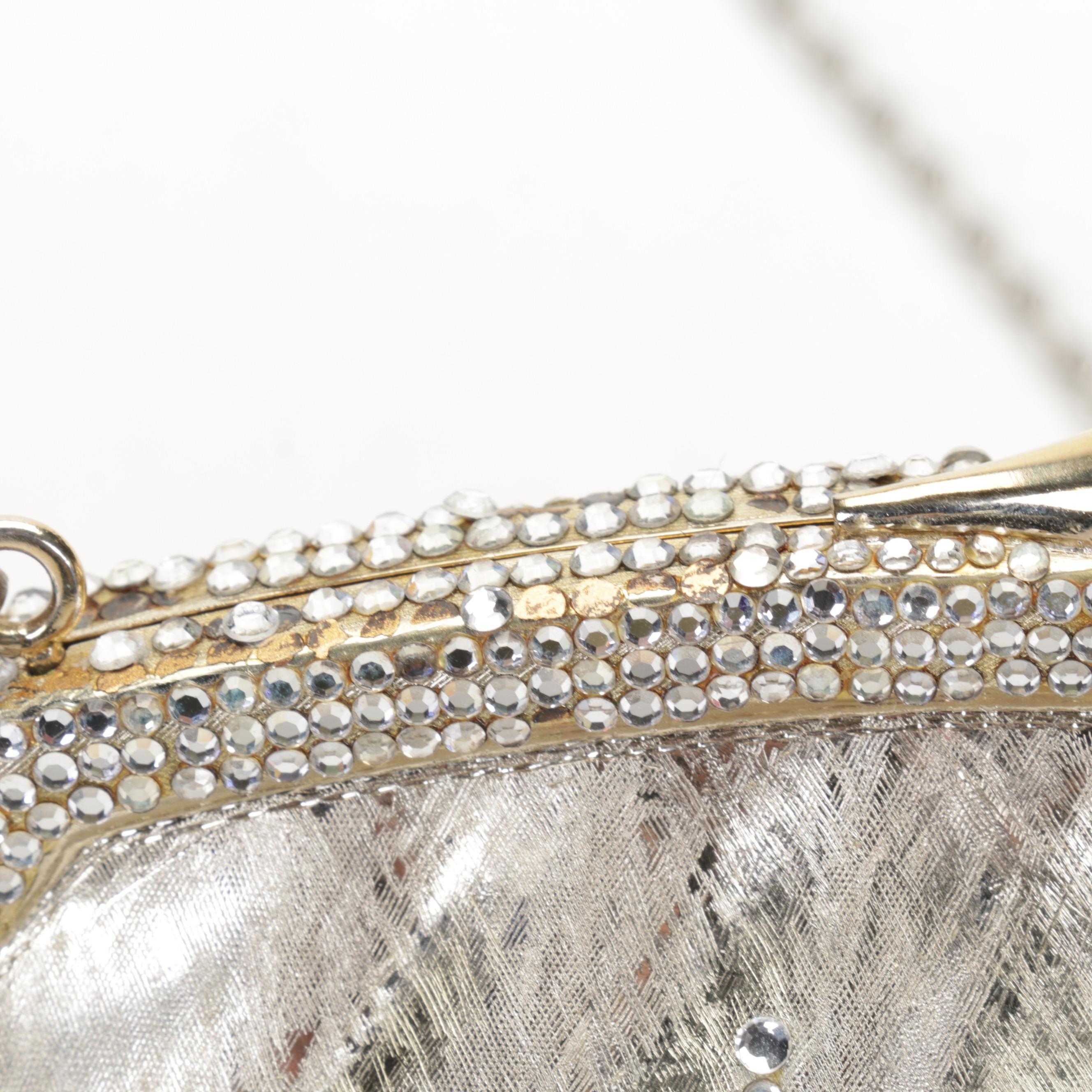 Judith Leiber Swarovski Crystal Minaudière Purse in Florentine Finish with Chain