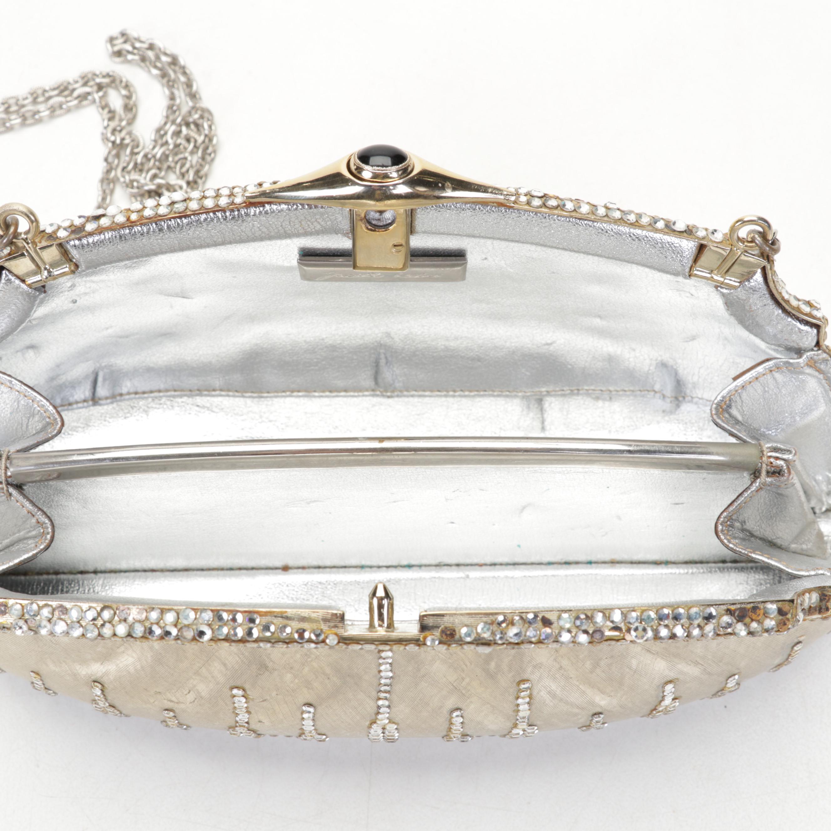 Judith Leiber Swarovski Crystal Minaudière Purse in Florentine Finish with Chain