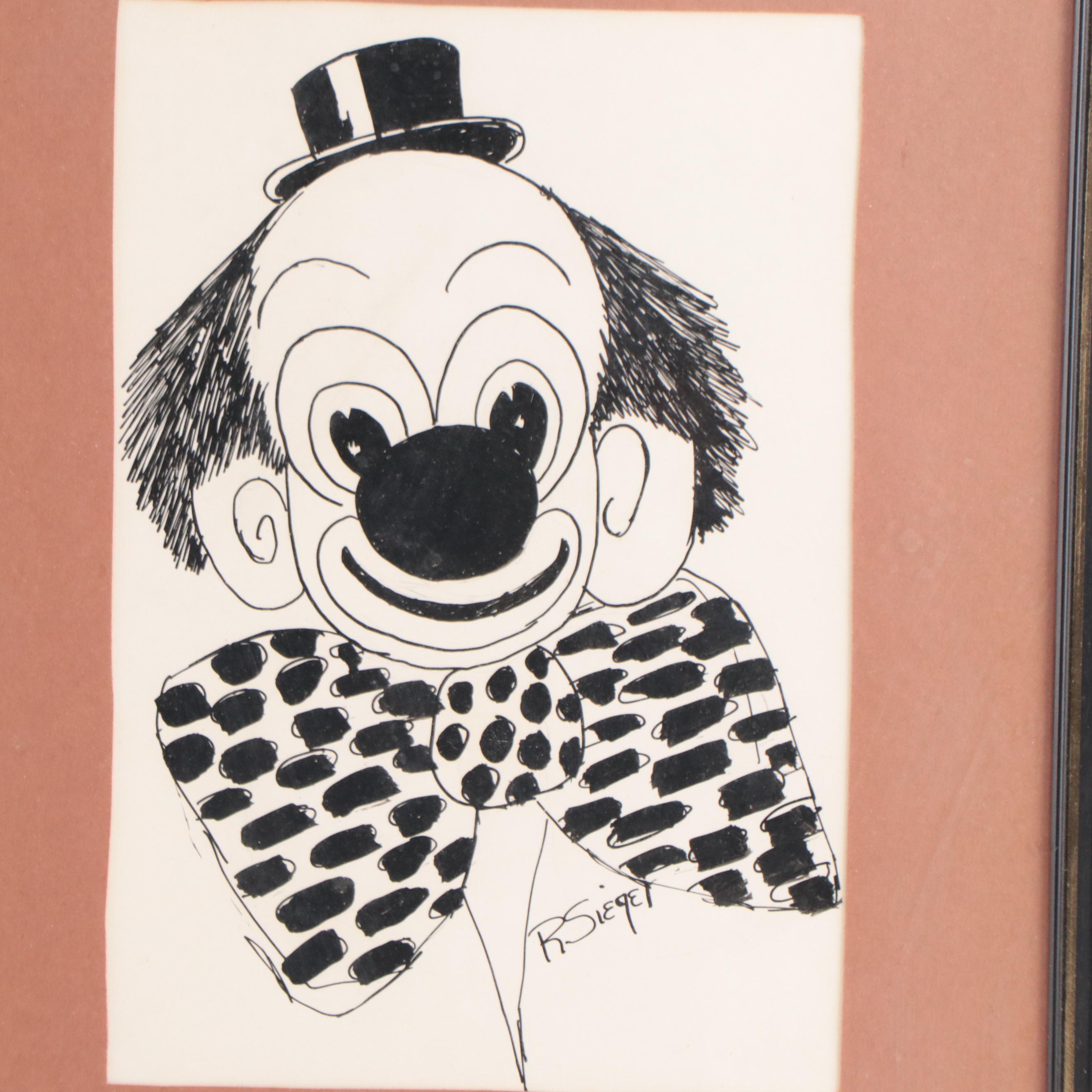 R. Siegel Ink Drawings of Clowns