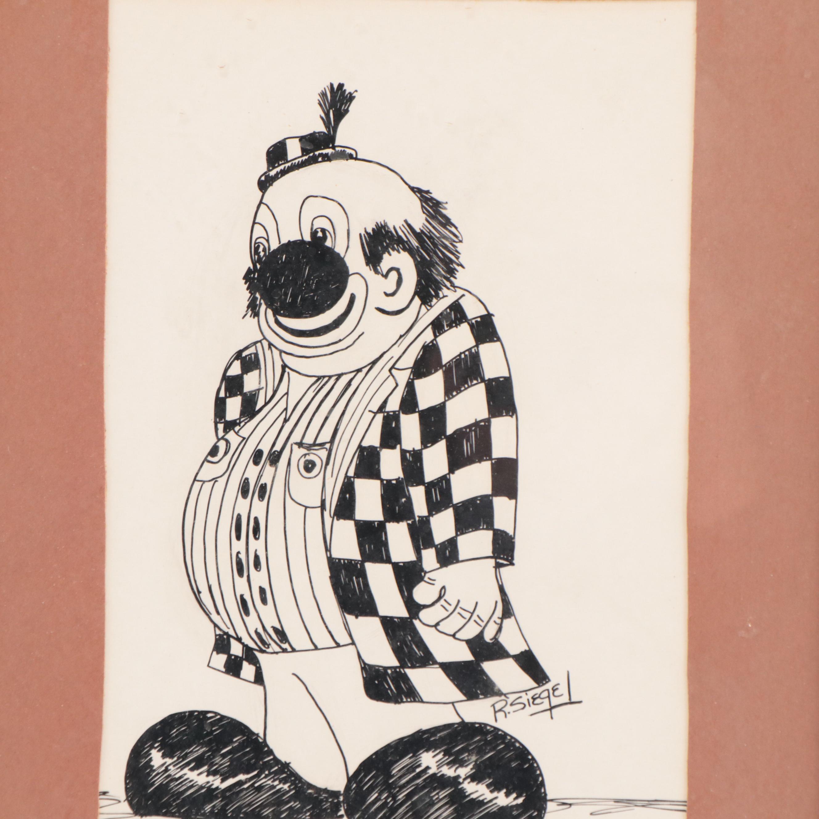 R. Siegel Ink Drawings of Clowns
