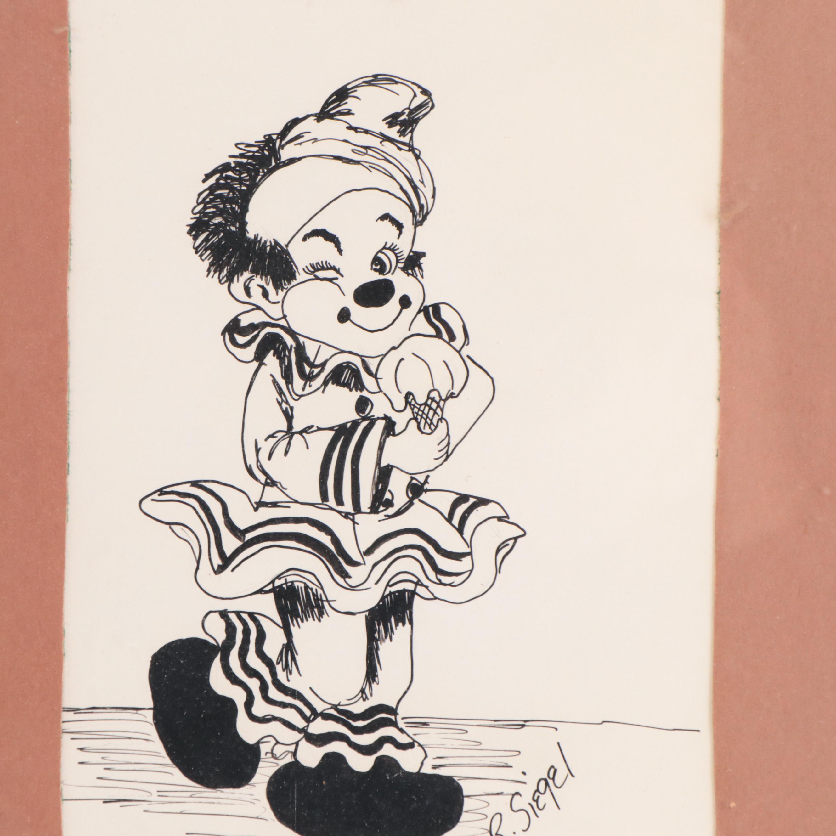 R. Siegel Ink Drawings of Clowns