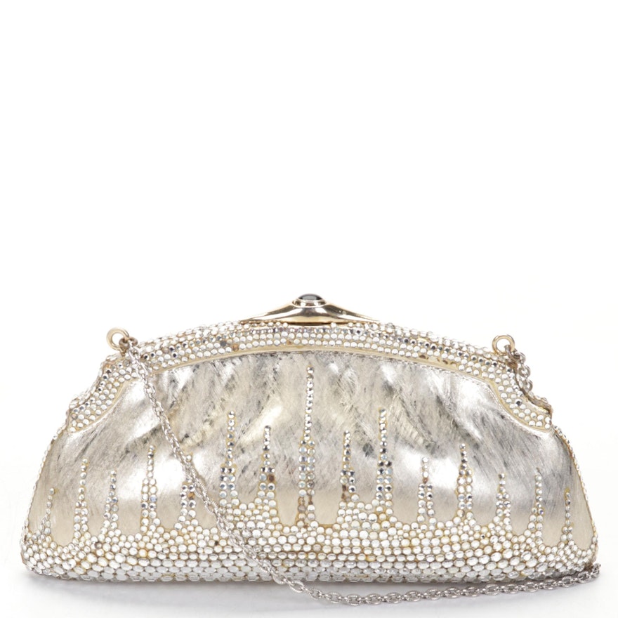 Judith Leiber Swarovski Crystal Minaudière Purse in Florentine Finish with Chain