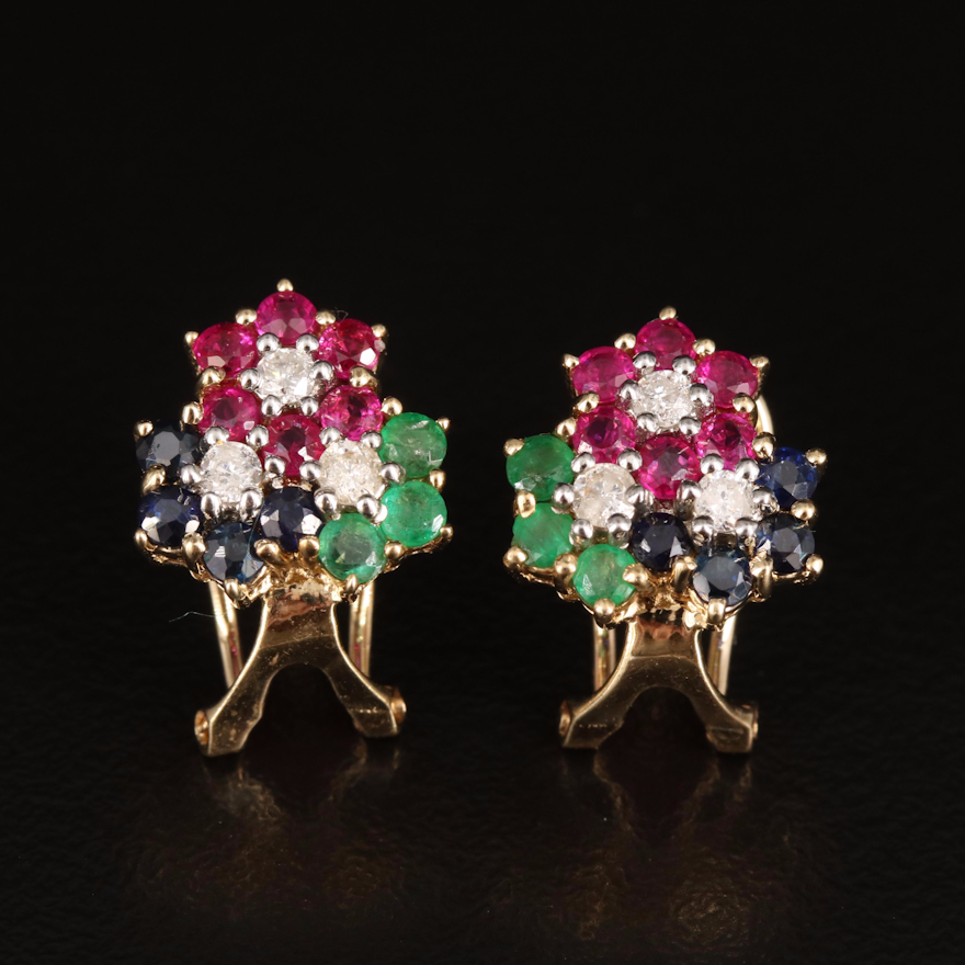 14K Ruby, Sapphire, Emerald and Diamond Cluster Earrings