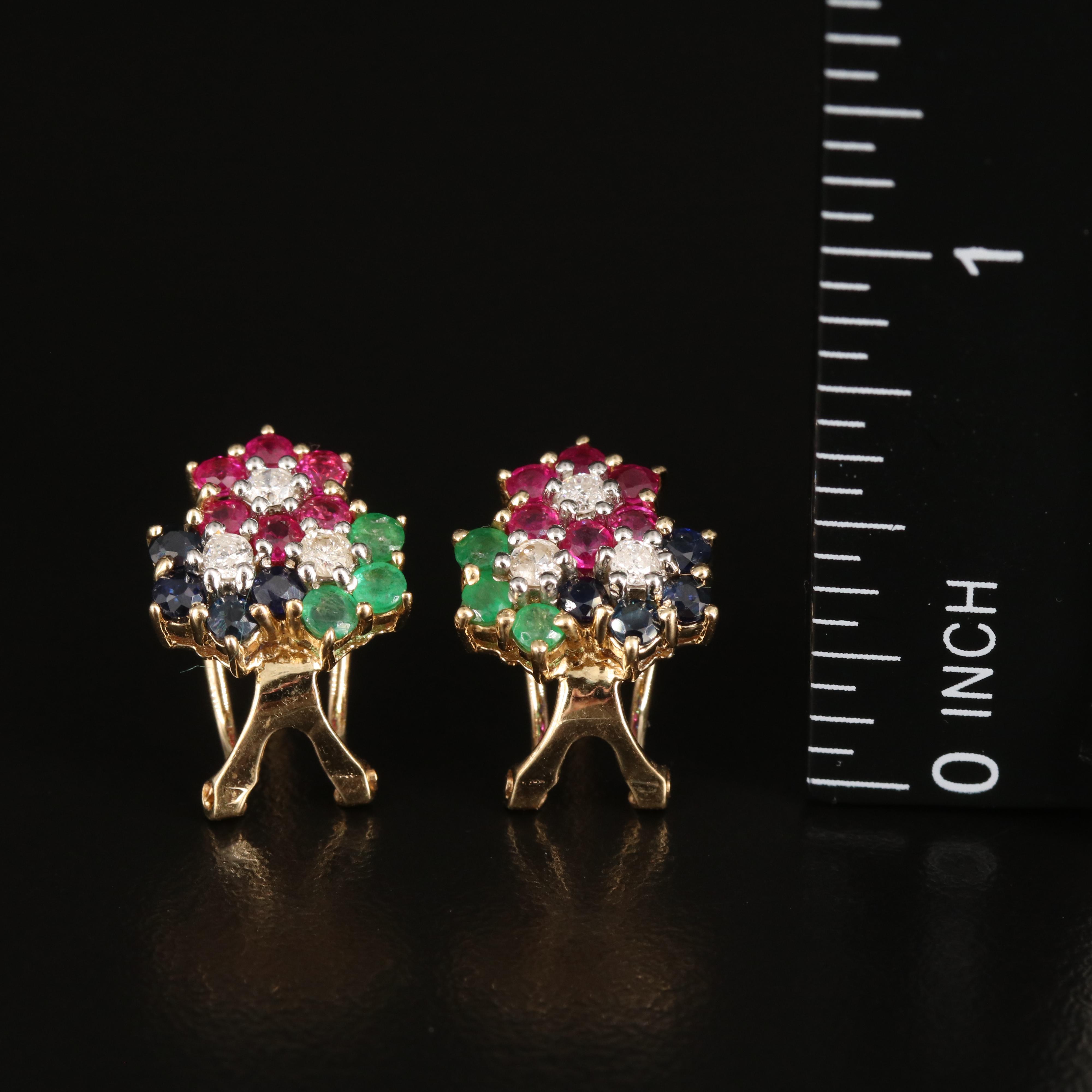 14K Ruby, Sapphire, Emerald and Diamond Cluster Earrings