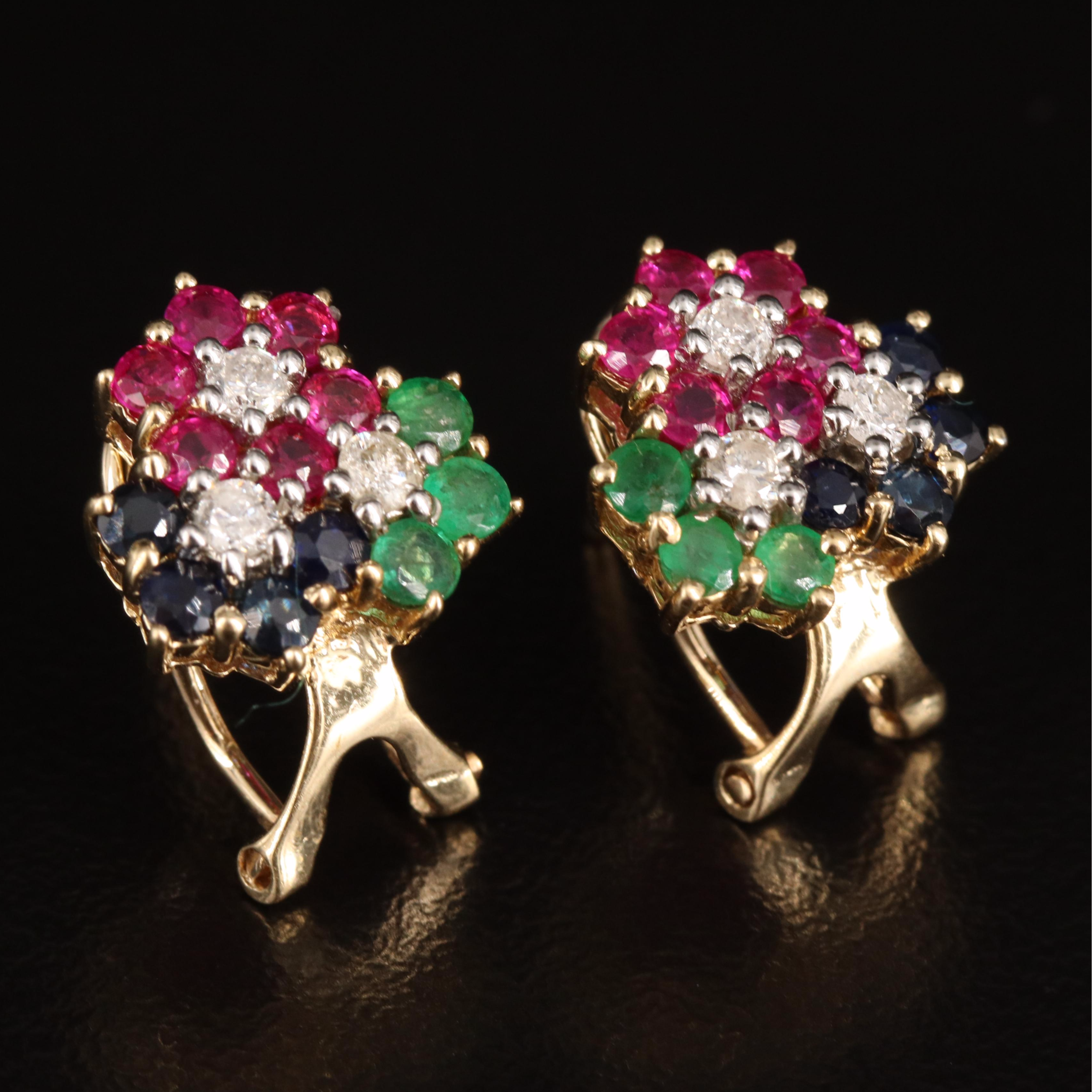 14K Ruby, Sapphire, Emerald and Diamond Cluster Earrings