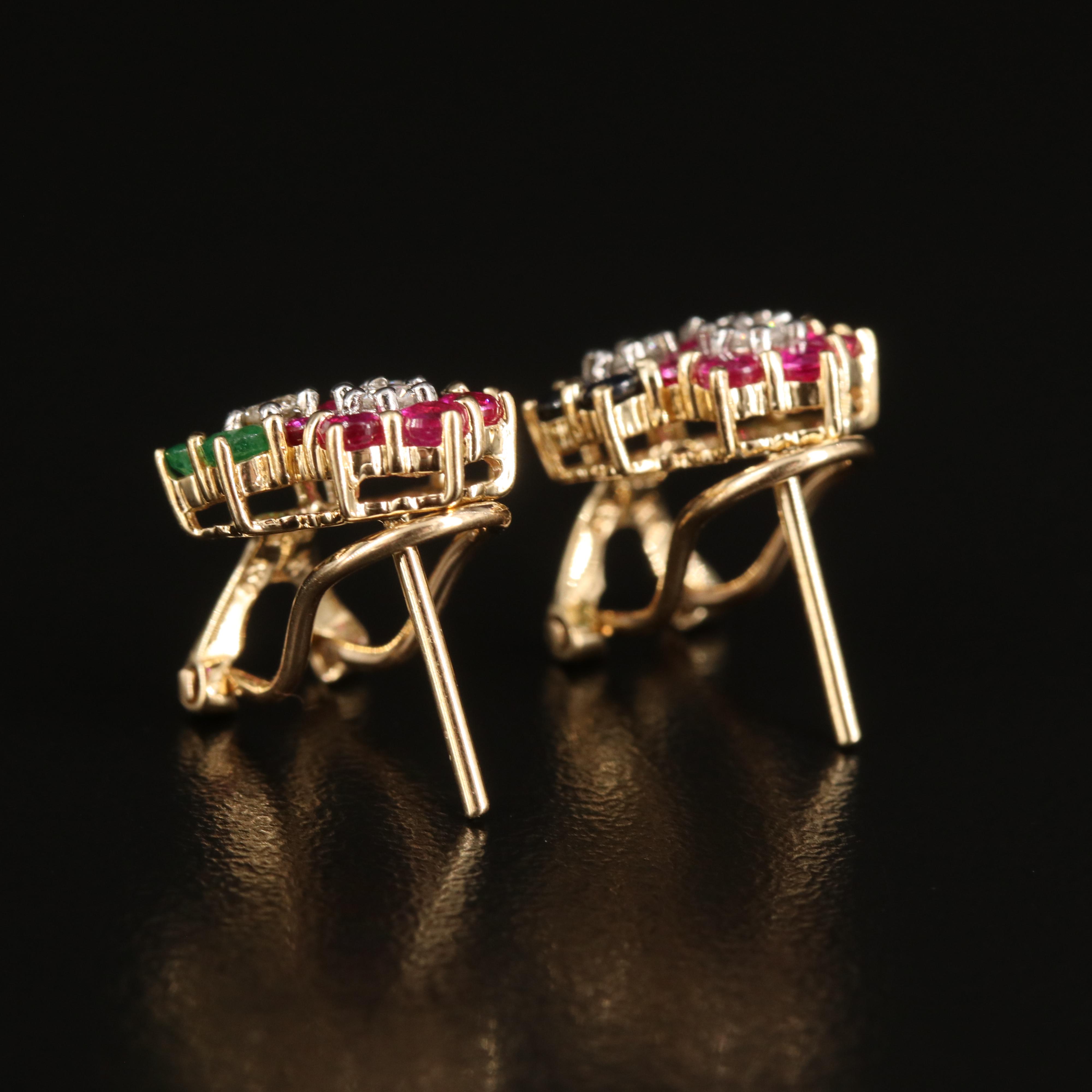 14K Ruby, Sapphire, Emerald and Diamond Cluster Earrings