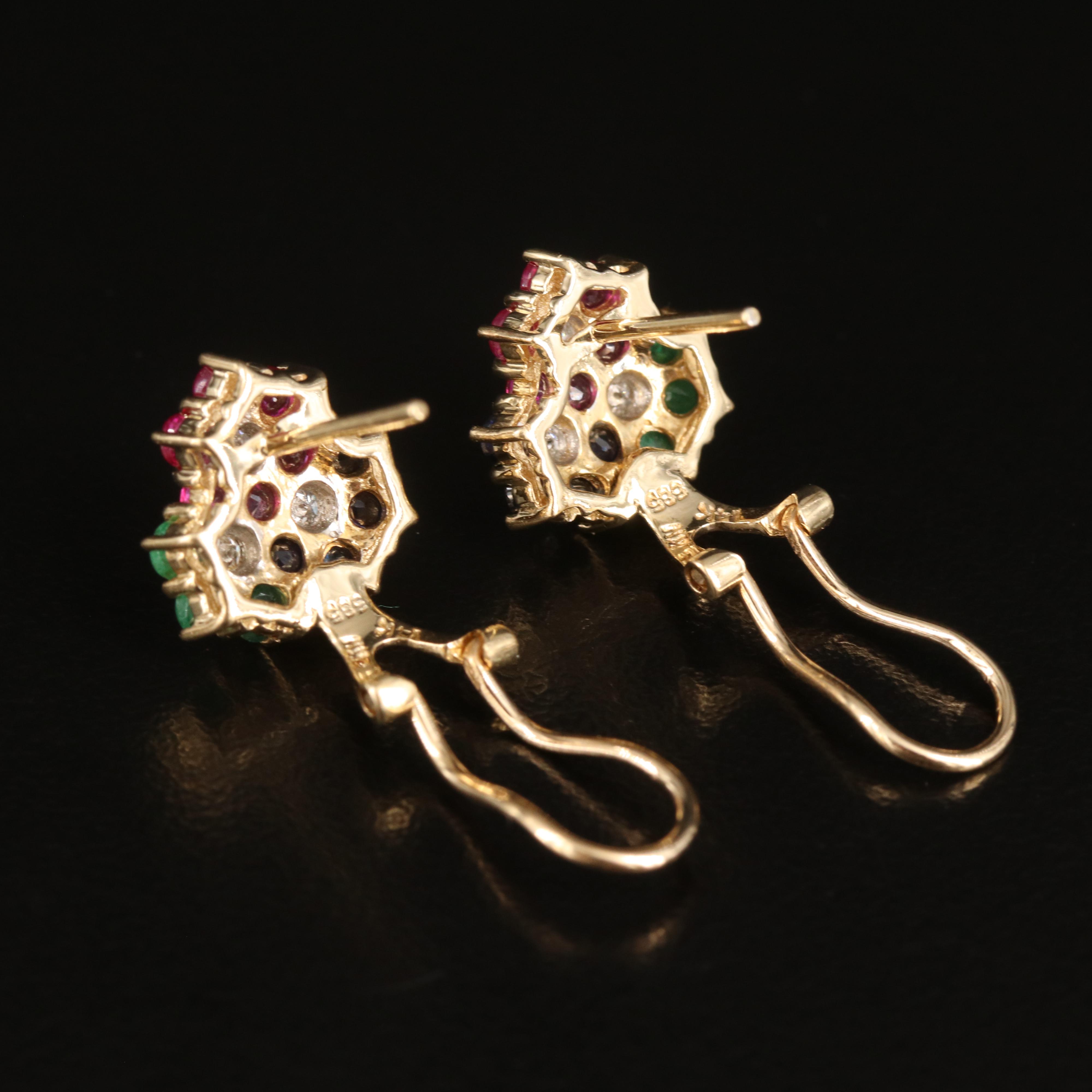 14K Ruby, Sapphire, Emerald and Diamond Cluster Earrings