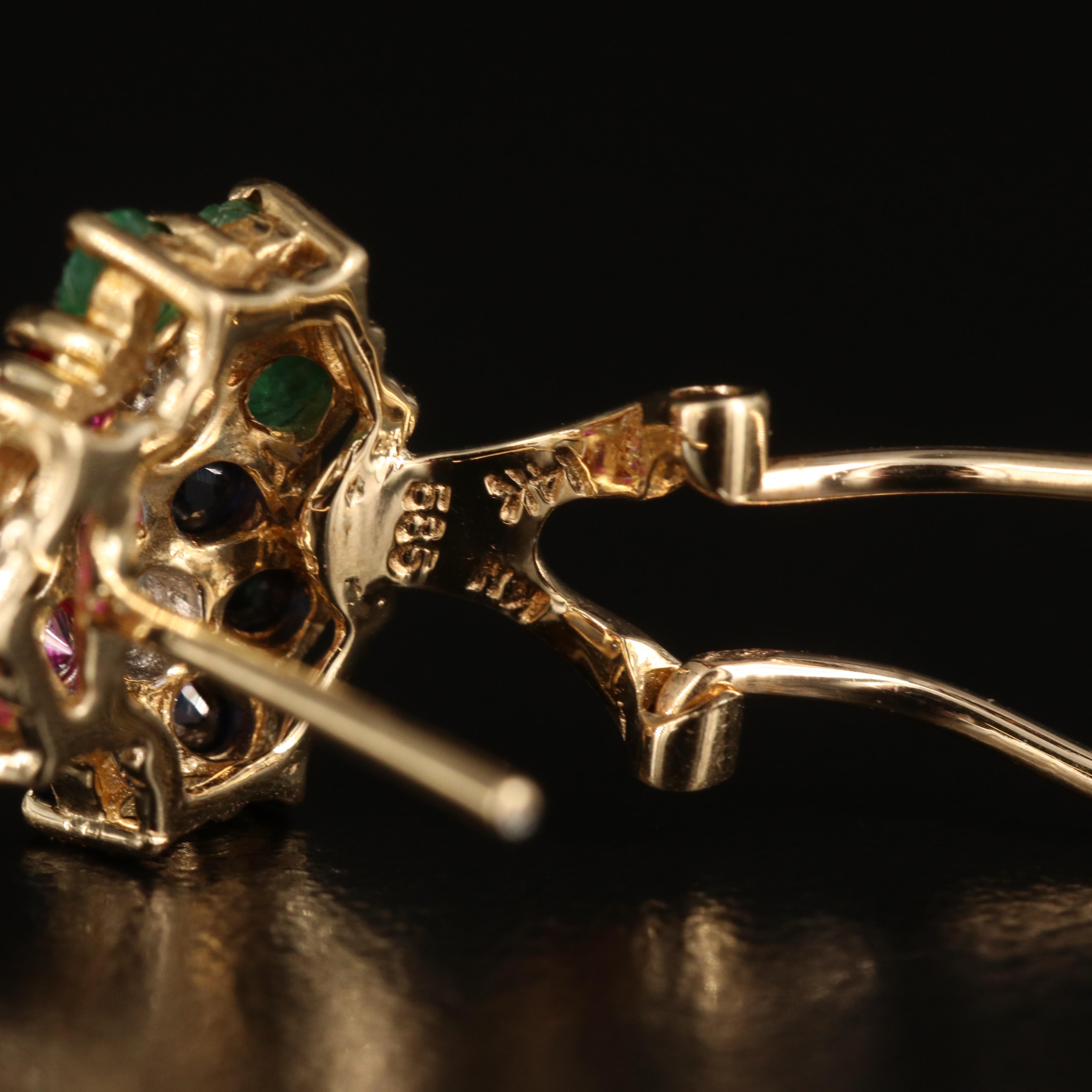 14K Ruby, Sapphire, Emerald and Diamond Cluster Earrings