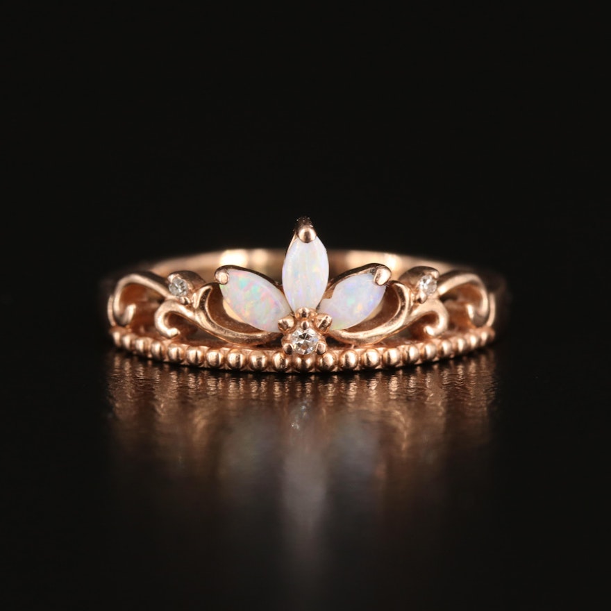 10K Rose Gold Opal and Diamond Crown Ring