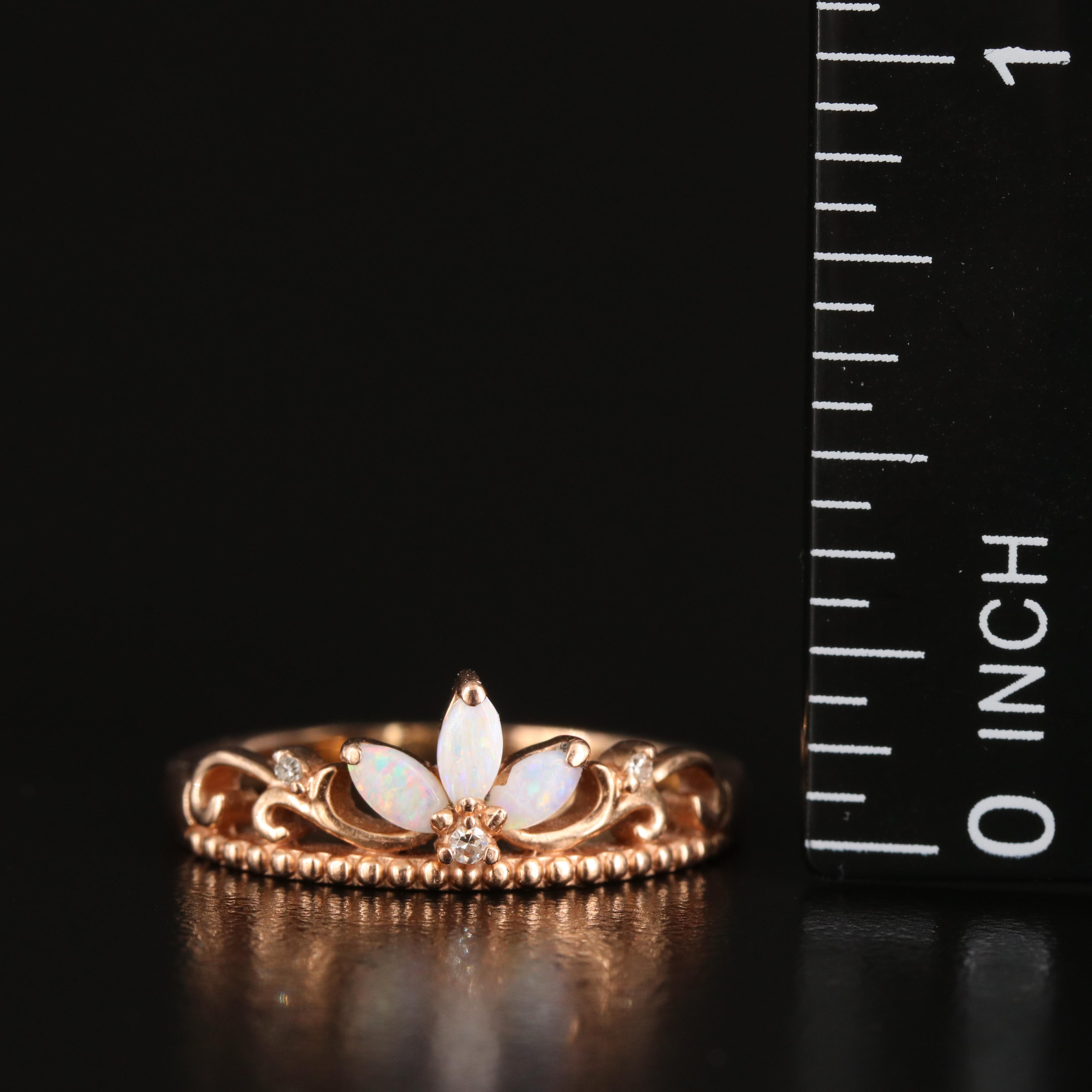 10K Rose Gold Opal and Diamond Crown Ring