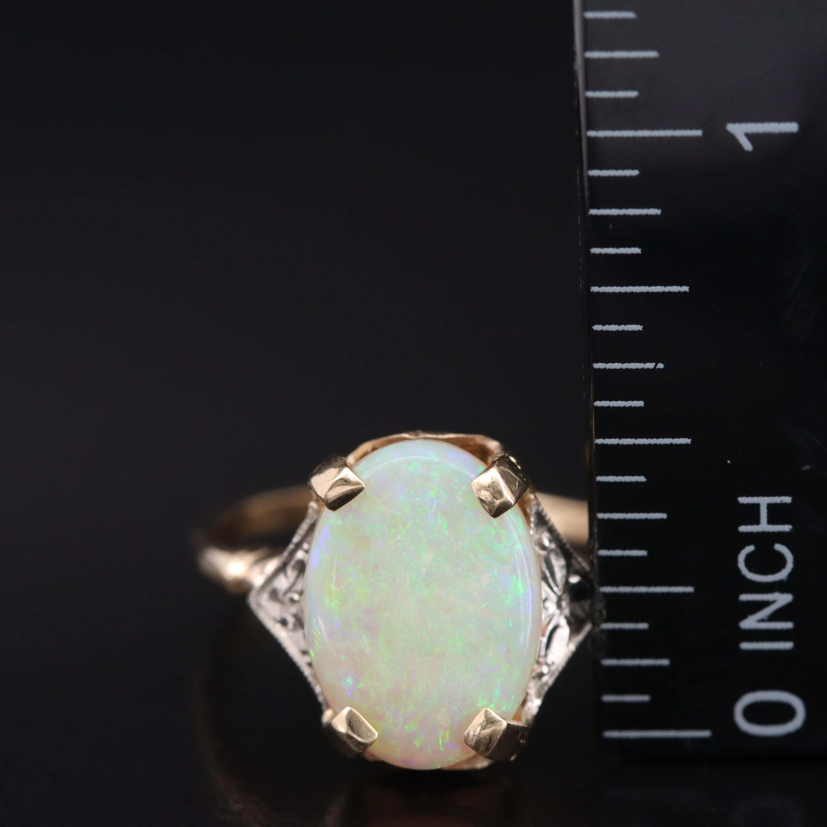 10K Opal Ring with Flowers in Palladium Detail