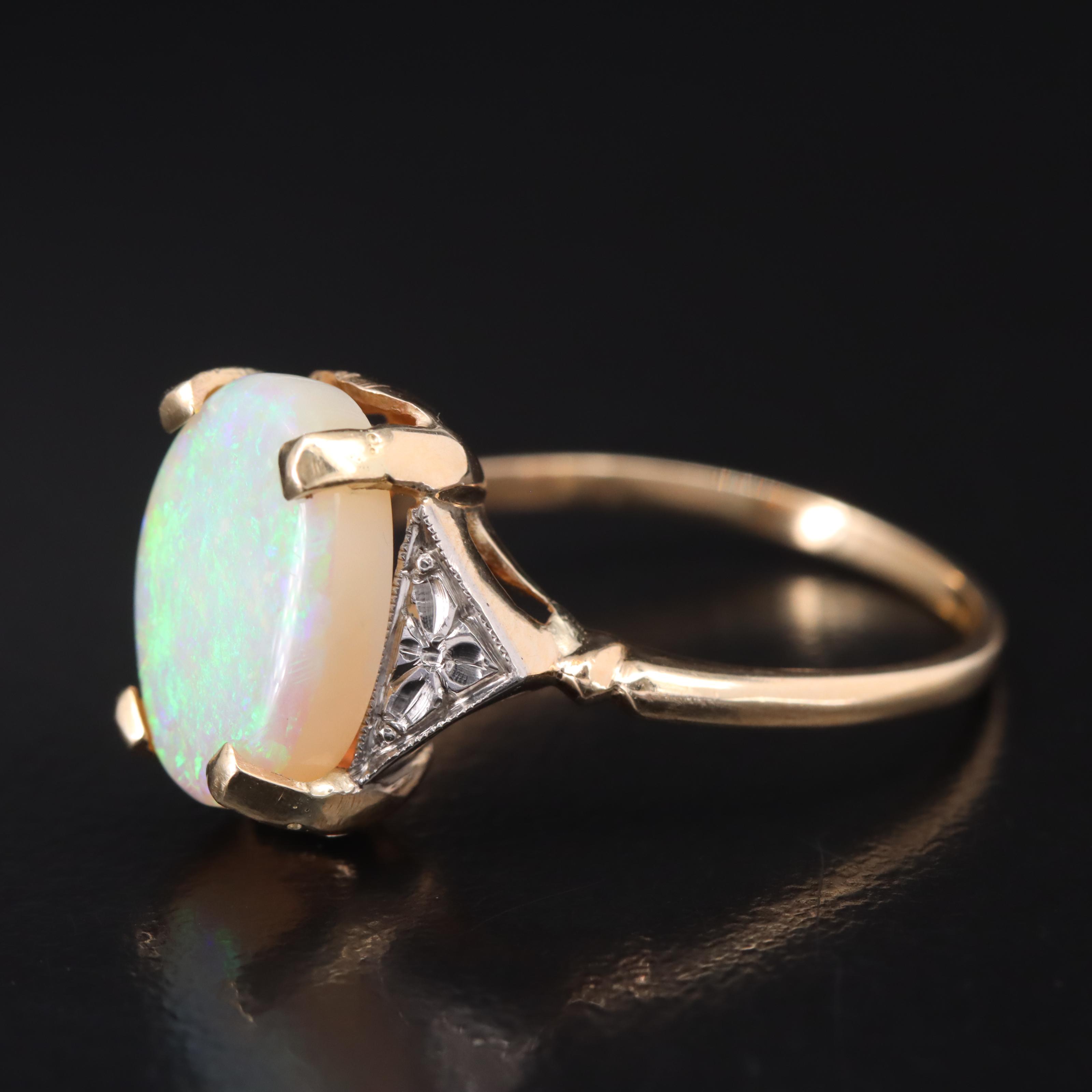 10K Opal Ring with Flowers in Palladium Detail