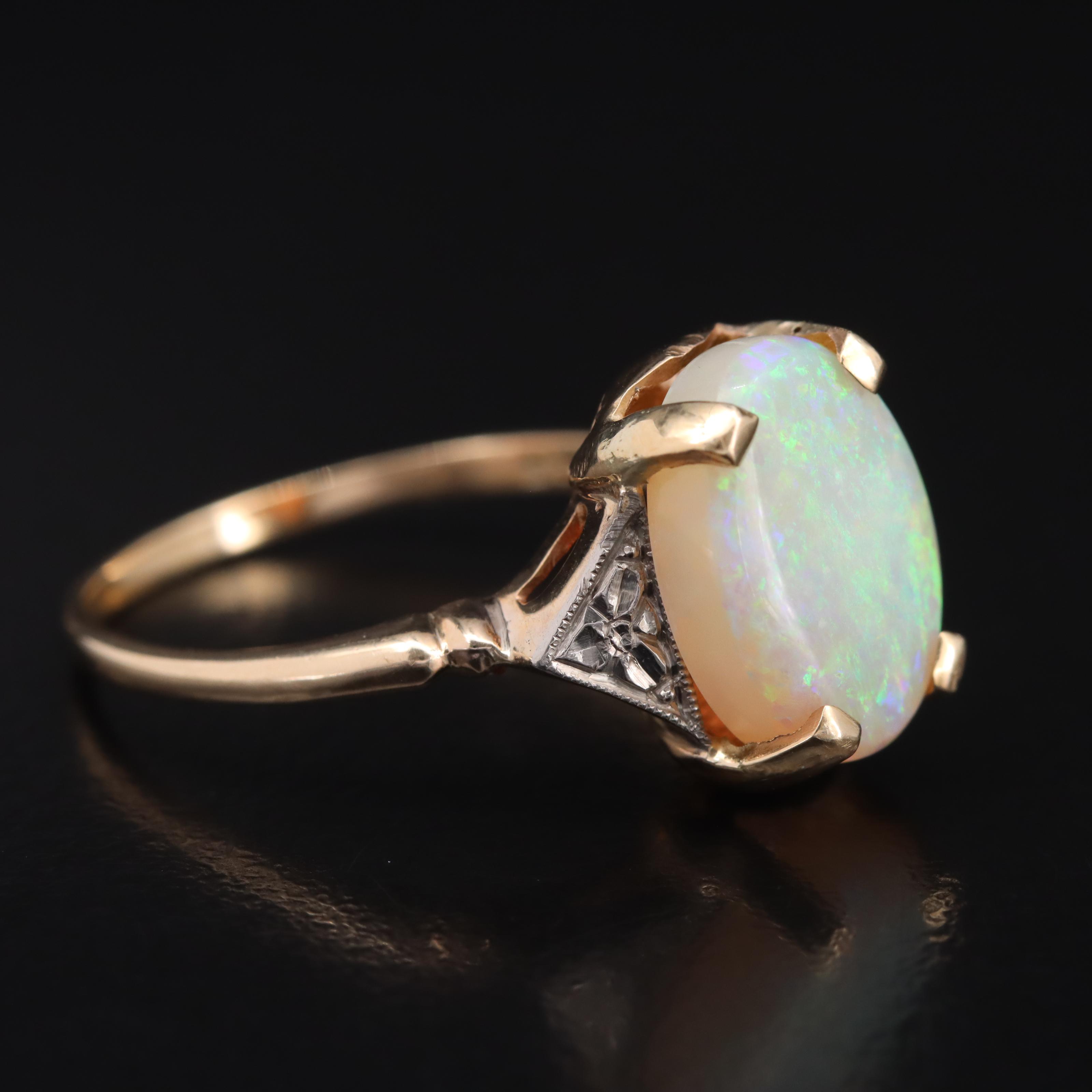 10K Opal Ring with Flowers in Palladium Detail