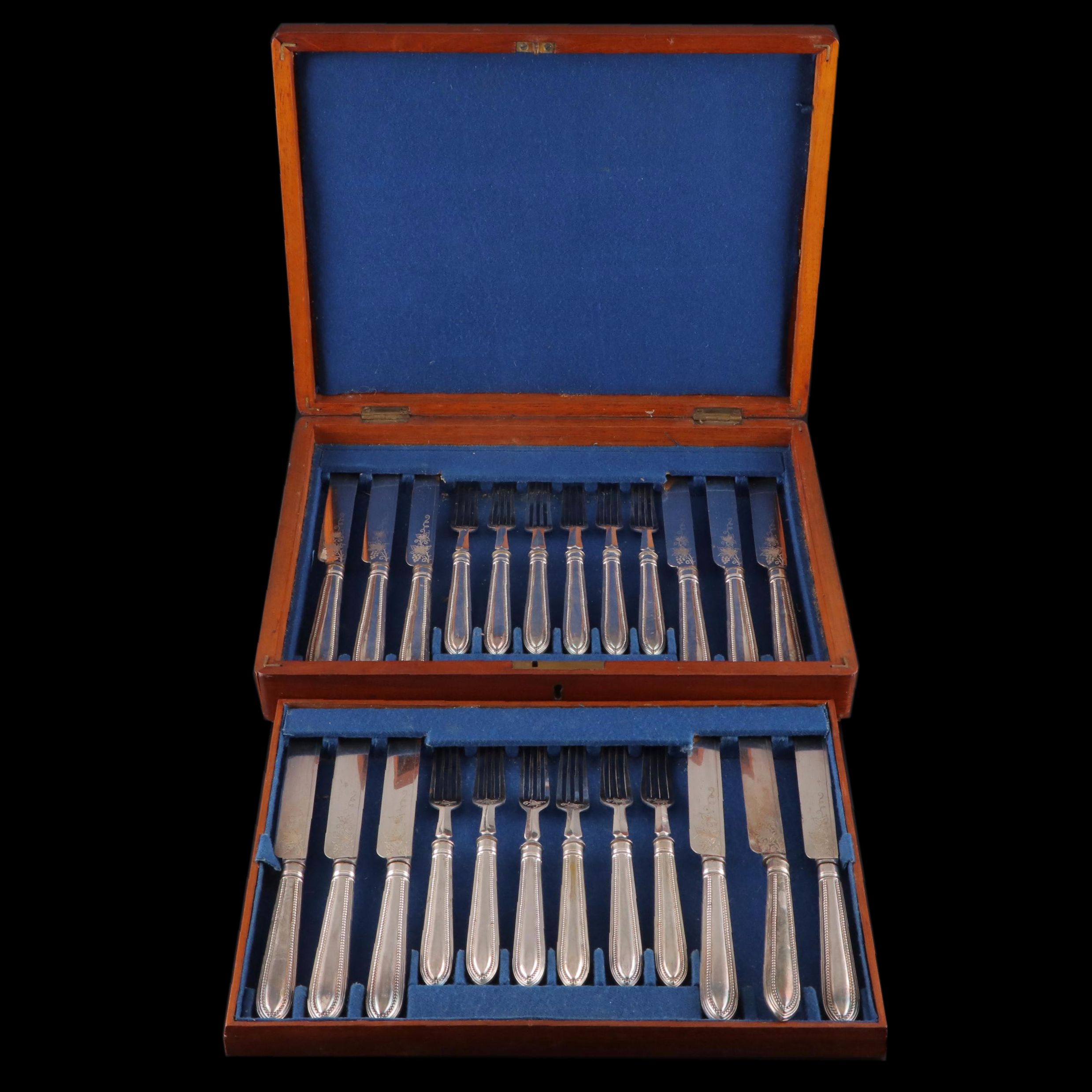 British Silver Plate Fish Service for Twelve with Presentation Case, 19th C.