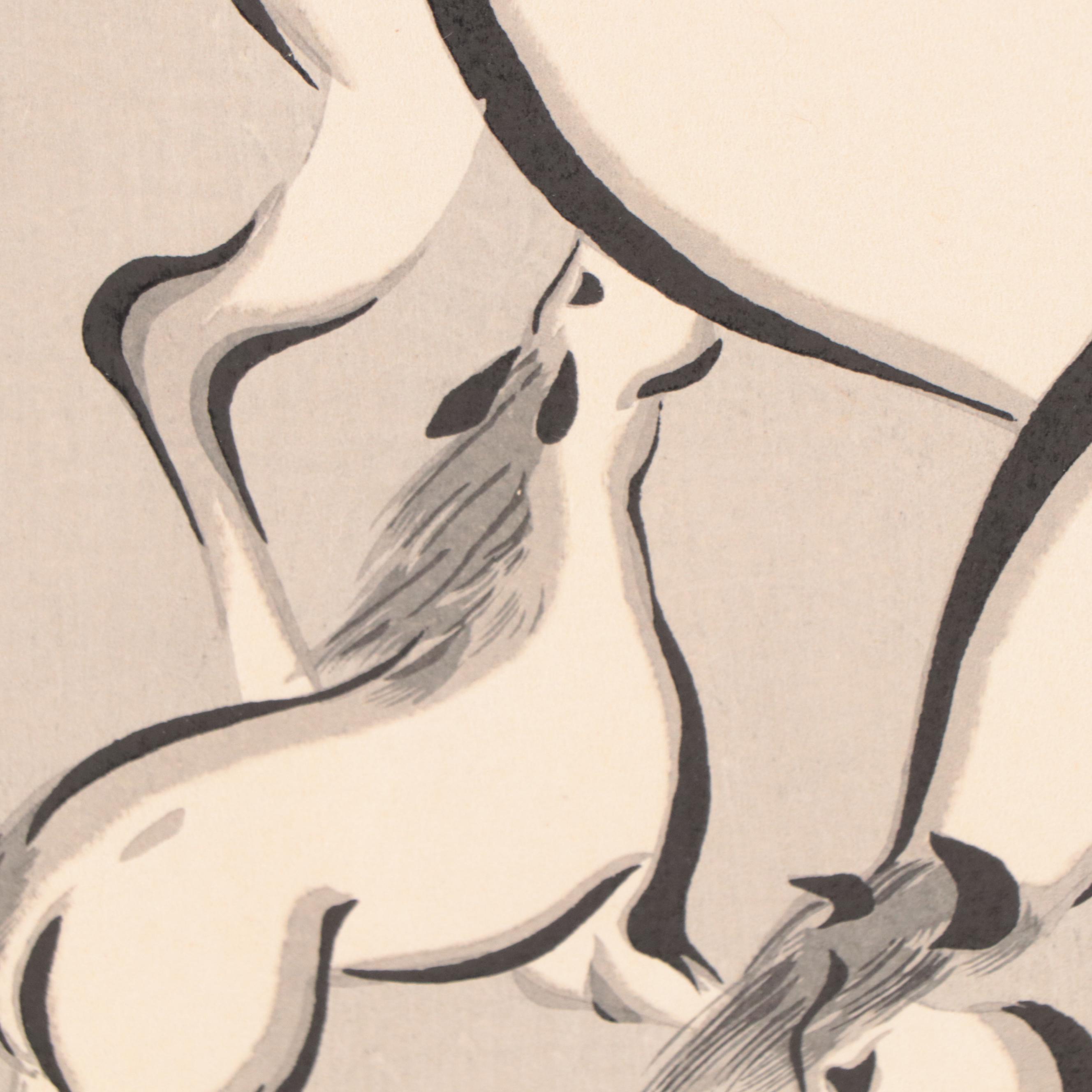 Wakyosai Woodblock Print "Foal with Mother," Mid-20th Century