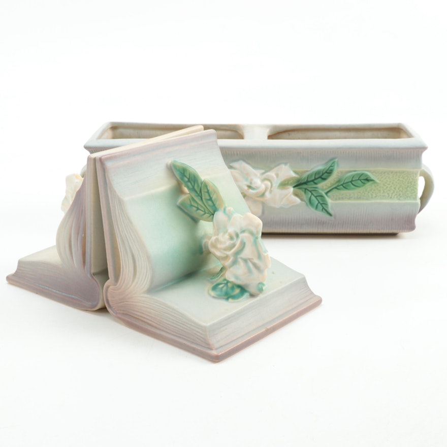 Roseville Pottery "Gardenia" Bookends and Planter Box, Mid-20th Century