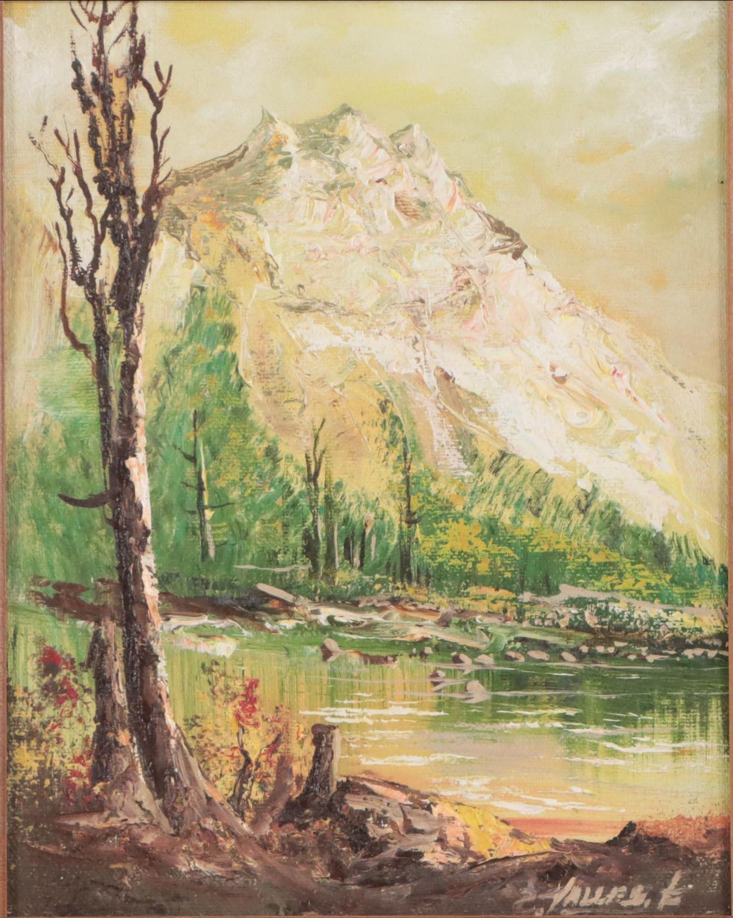 Idyllic Mountains Landscape Oil Painting, Mid-20th Century