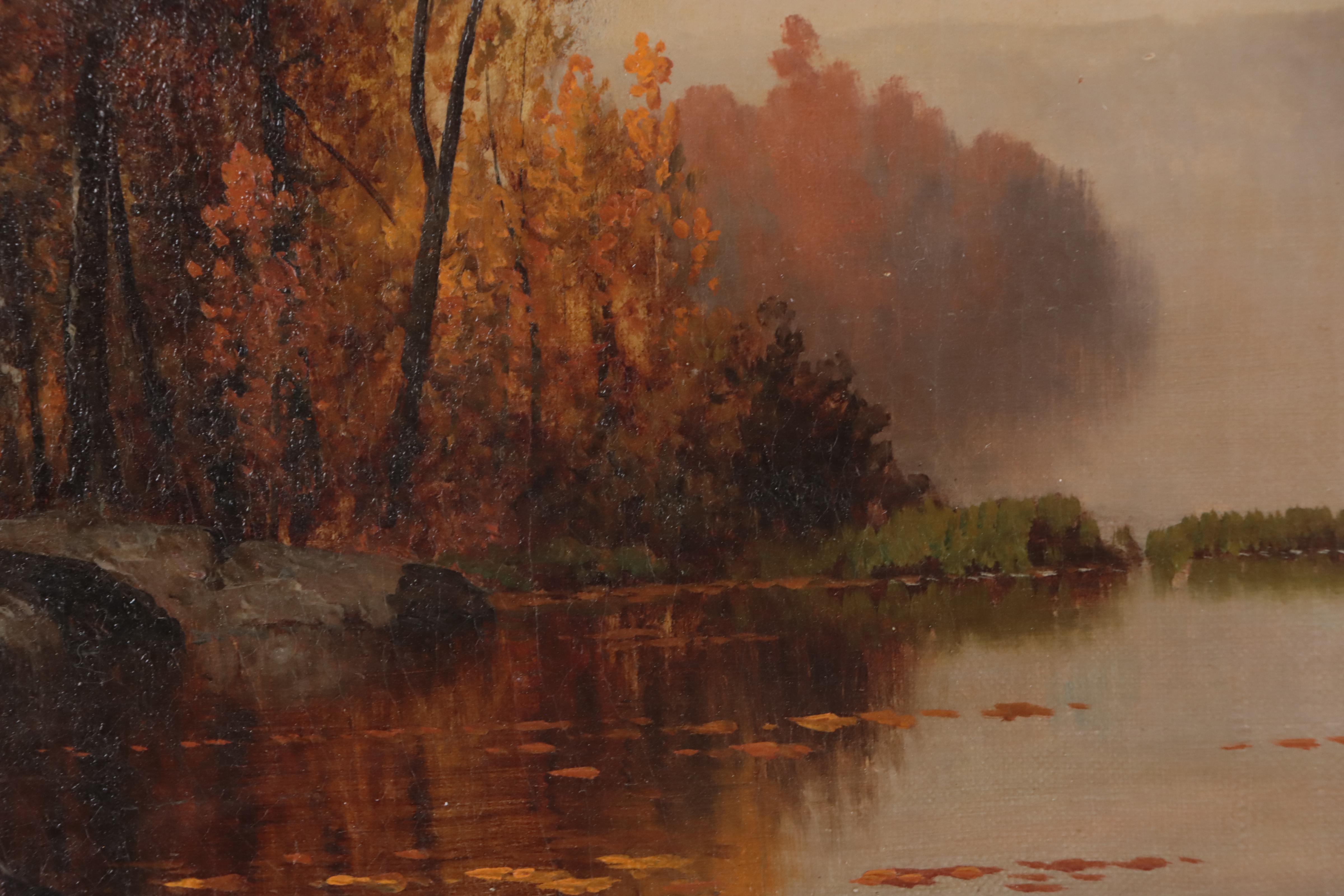 Figural American River Landscape Oil Painting, Late 19th Century