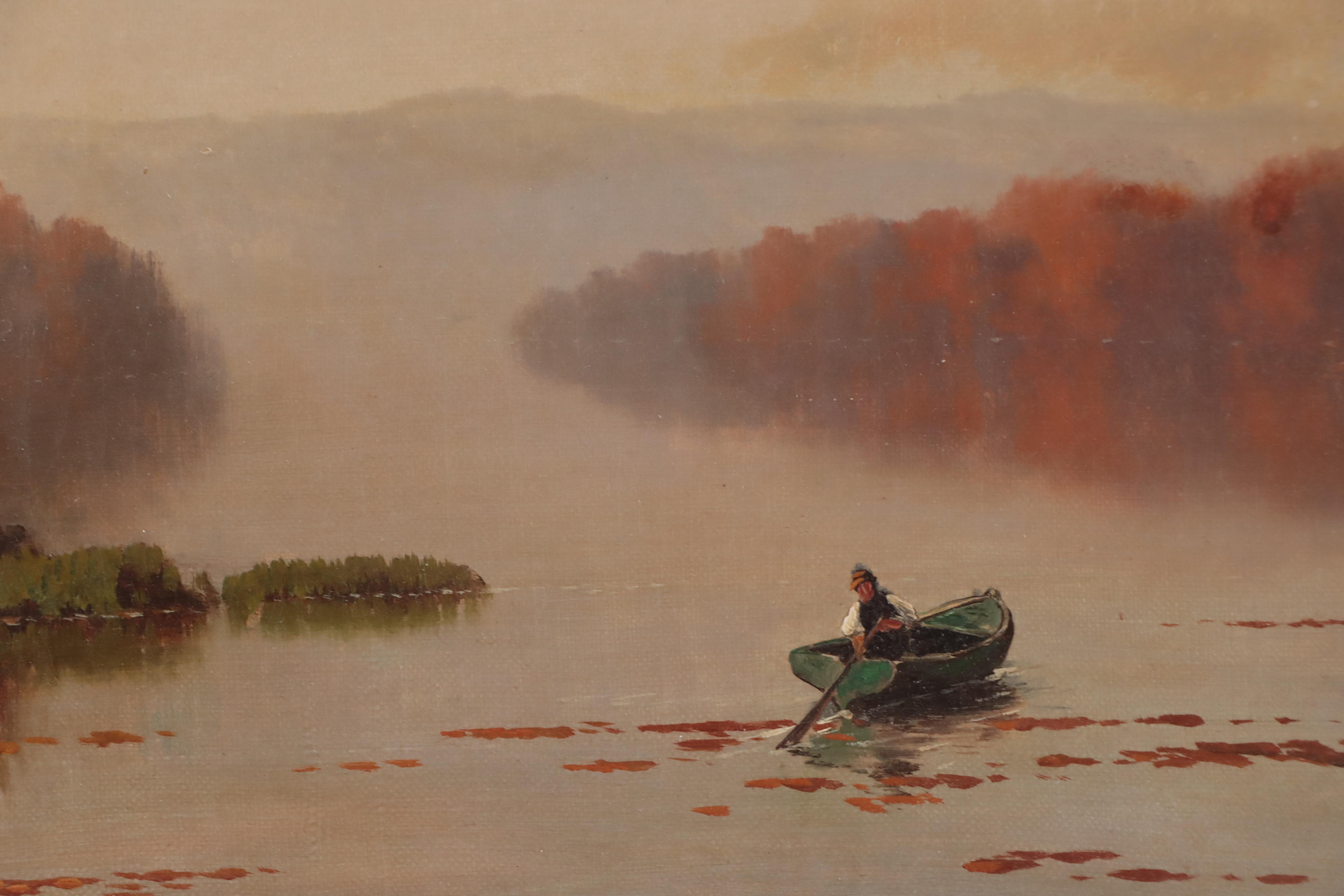 Figural American River Landscape Oil Painting, Late 19th Century