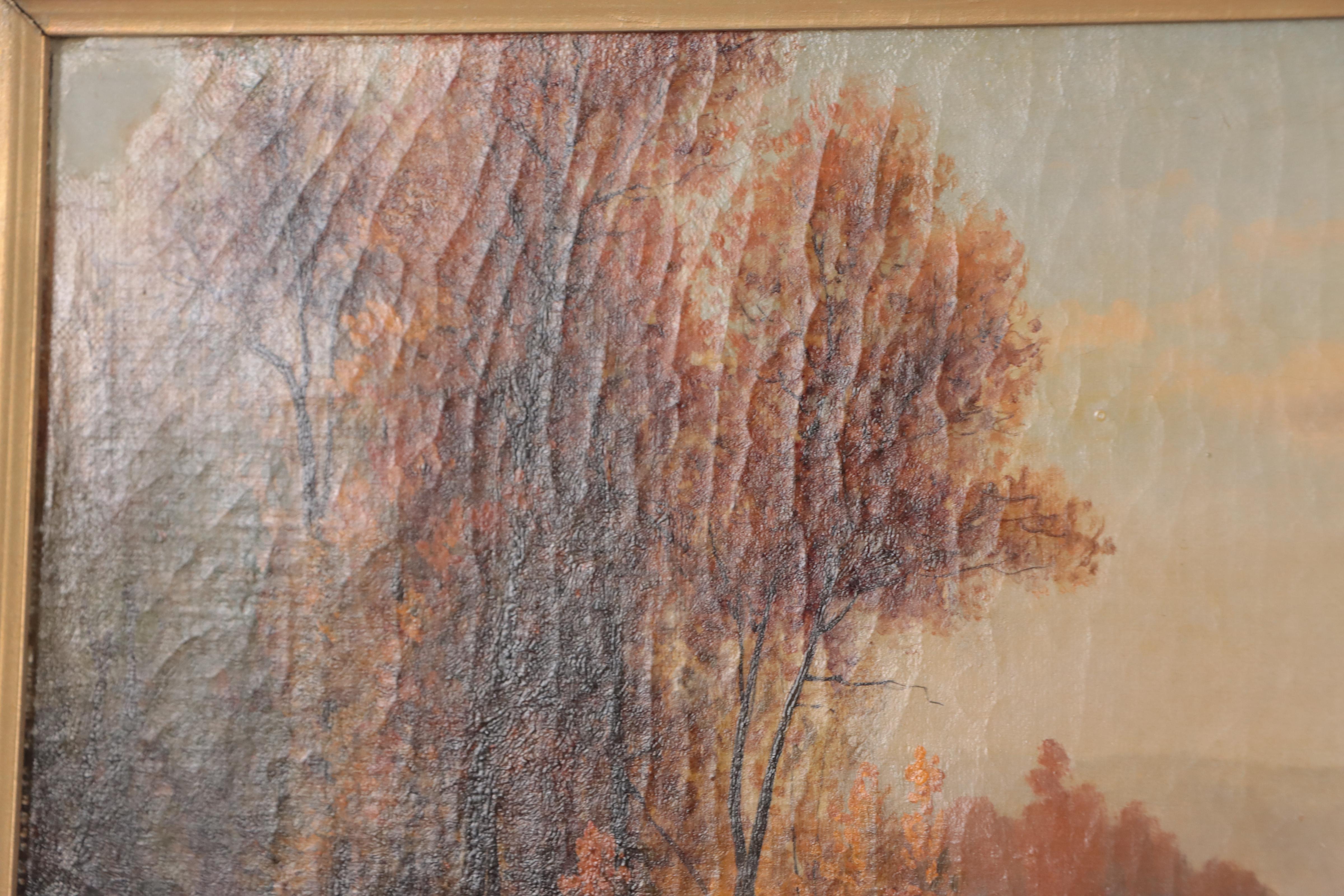 Figural American River Landscape Oil Painting, Late 19th Century