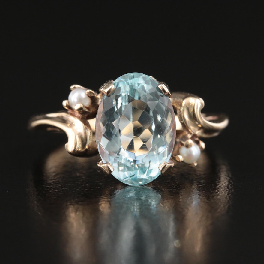 10K 3.34 CT Aquamarine and Seed Pearl Ring with GIA Report