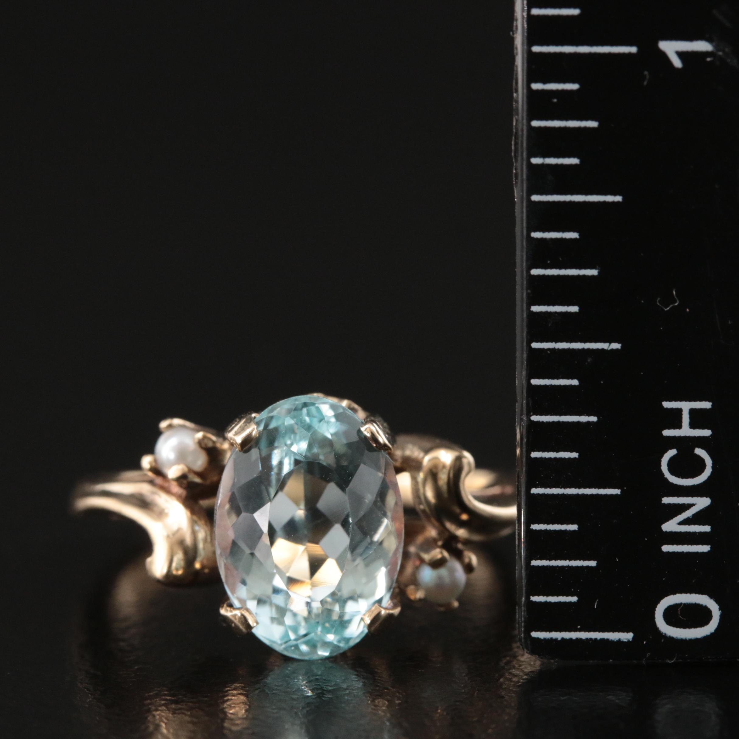 10K 3.34 CT Aquamarine and Seed Pearl Ring with GIA Report