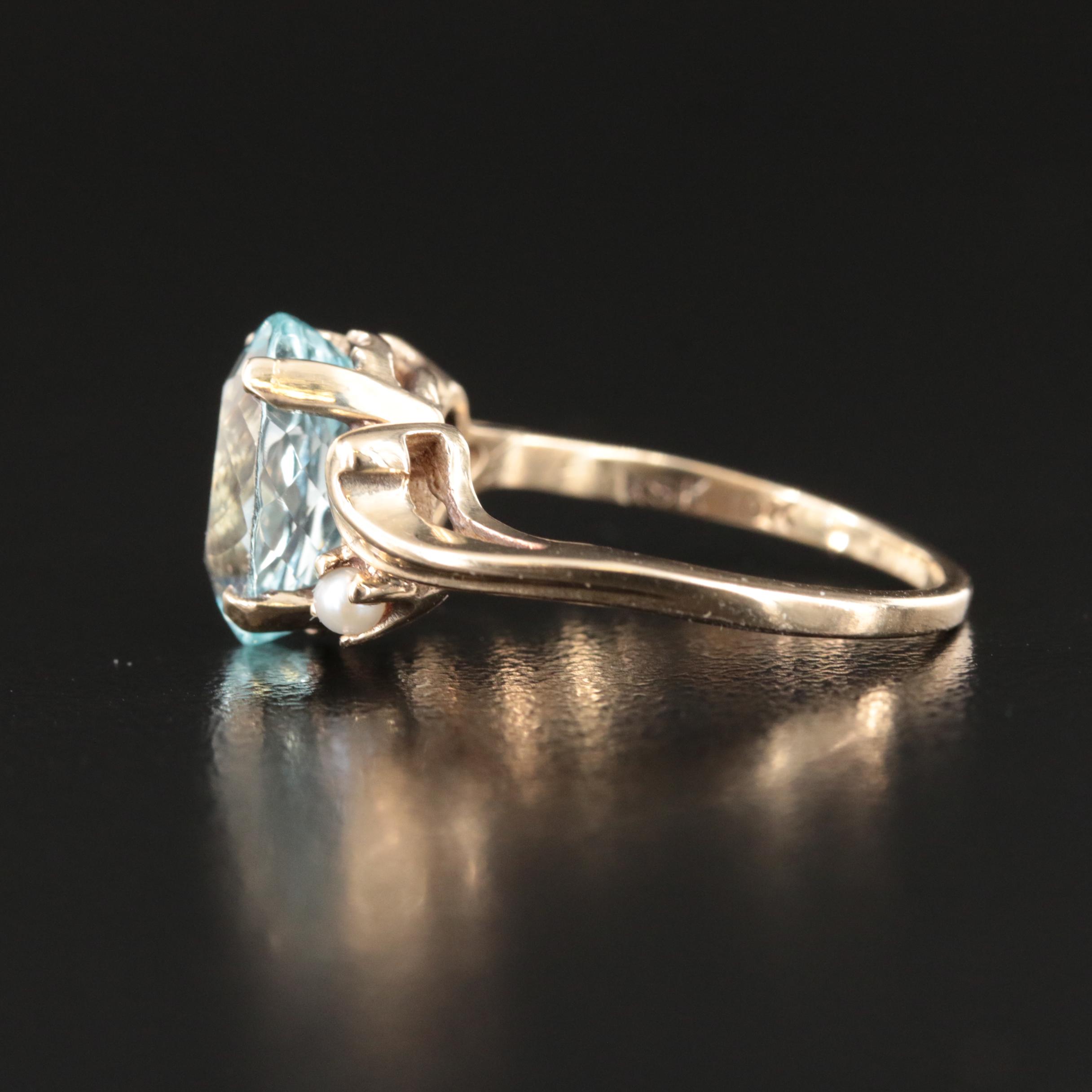 10K 3.34 CT Aquamarine and Seed Pearl Ring with GIA Report