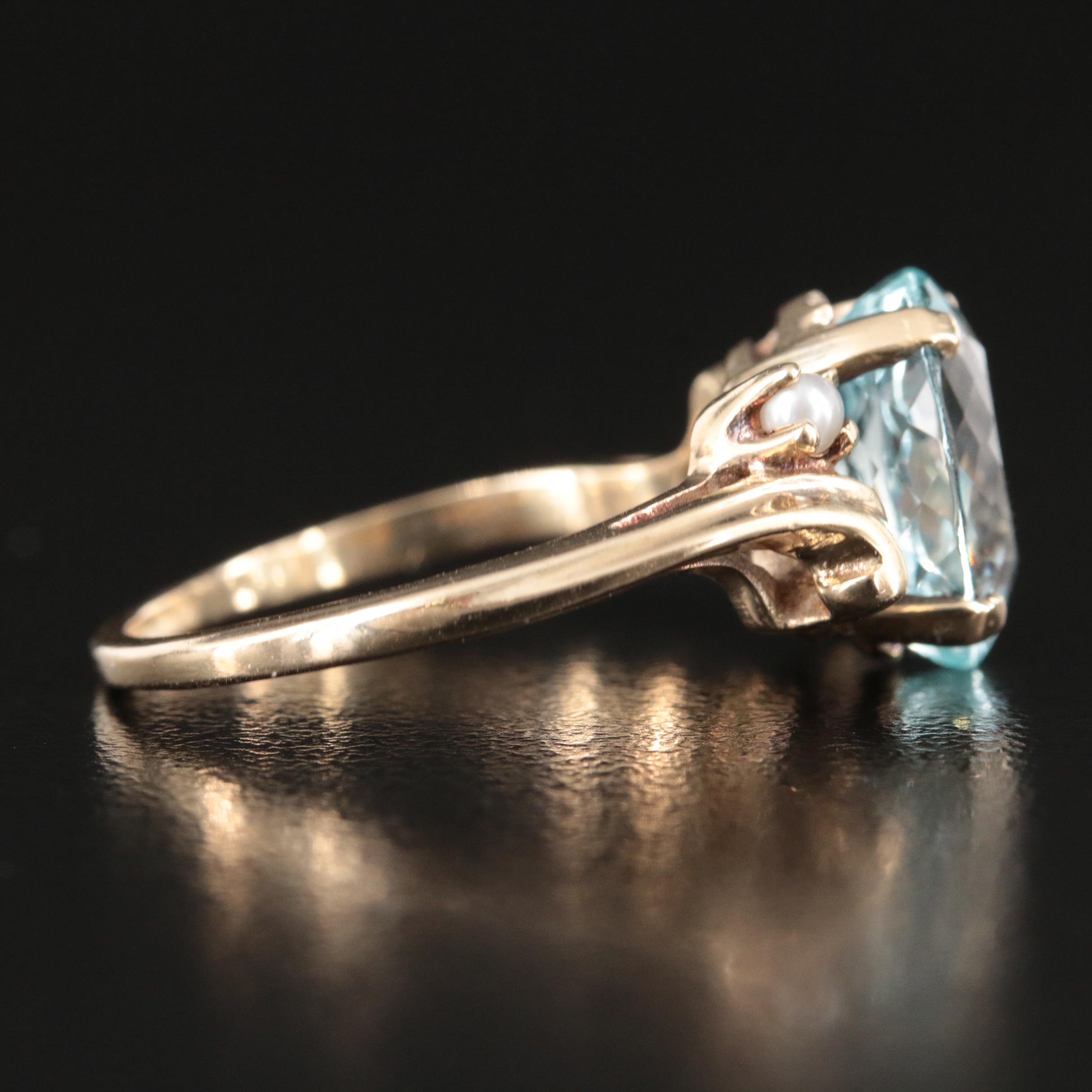 10K 3.34 CT Aquamarine and Seed Pearl Ring with GIA Report